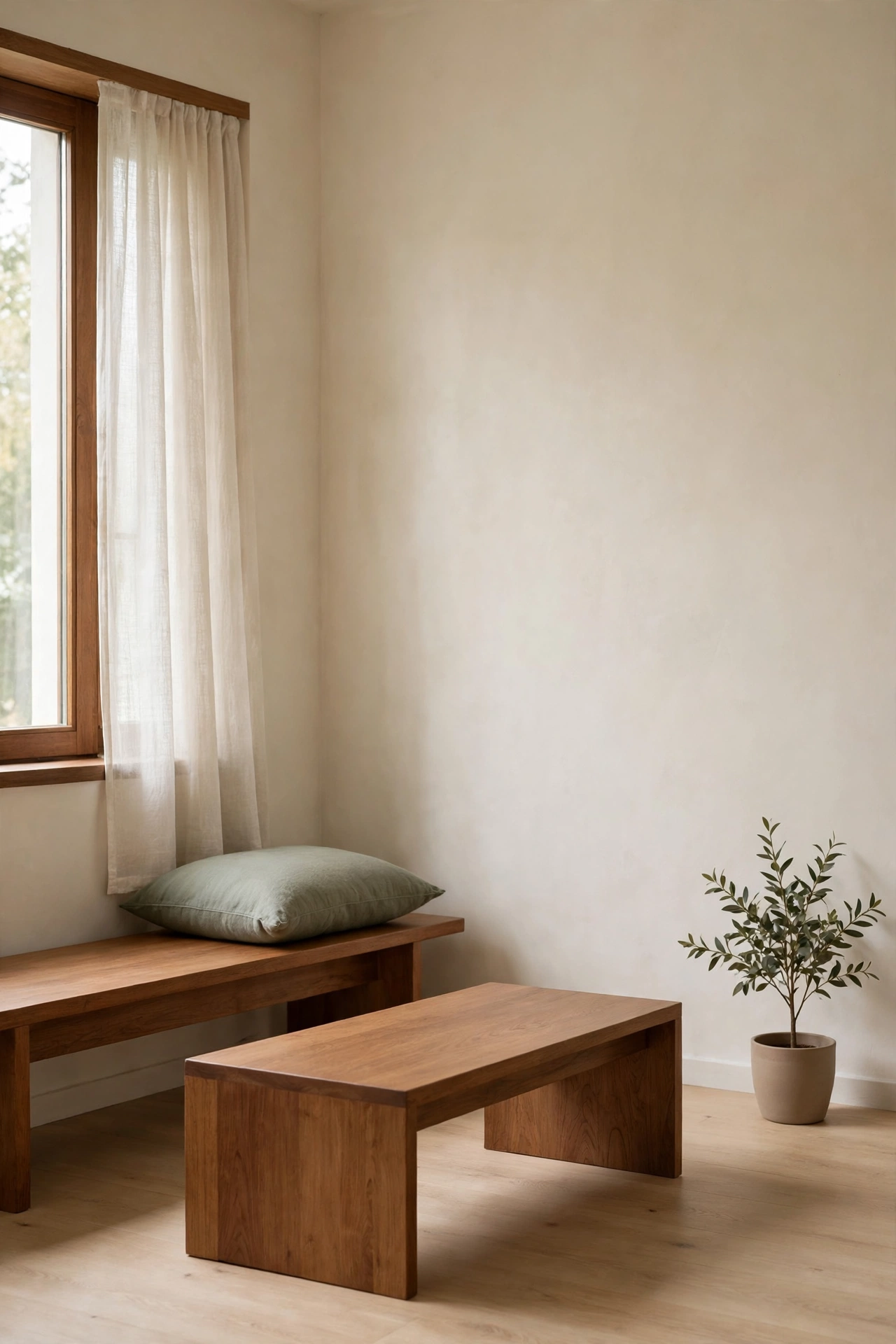 Calm living room with cream walls, one sage cushion and warm brown wood