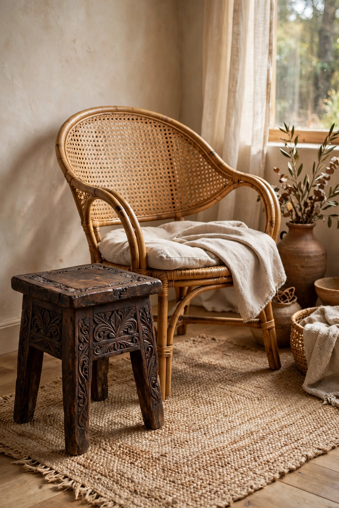 Handwoven mudcloth draped over a carved wooden bench