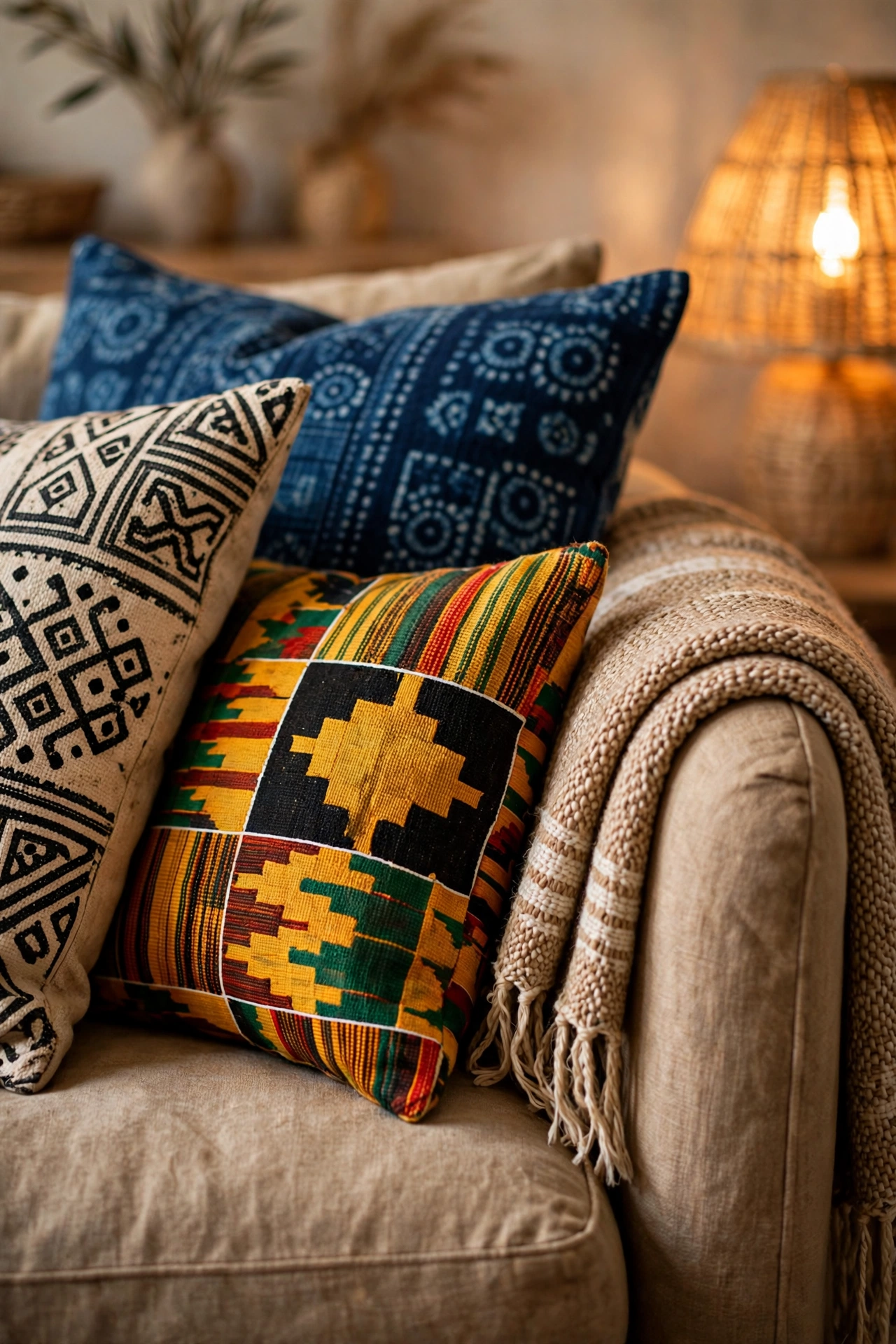 Hand-carved wood and rattan furniture with artisanal character