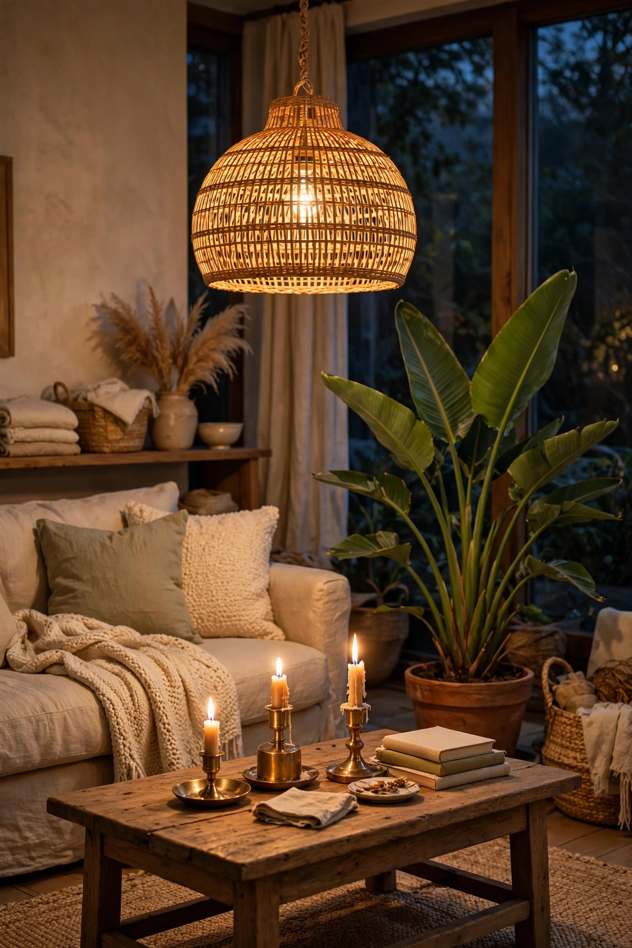 A woven basket cluster as bohemian wall art