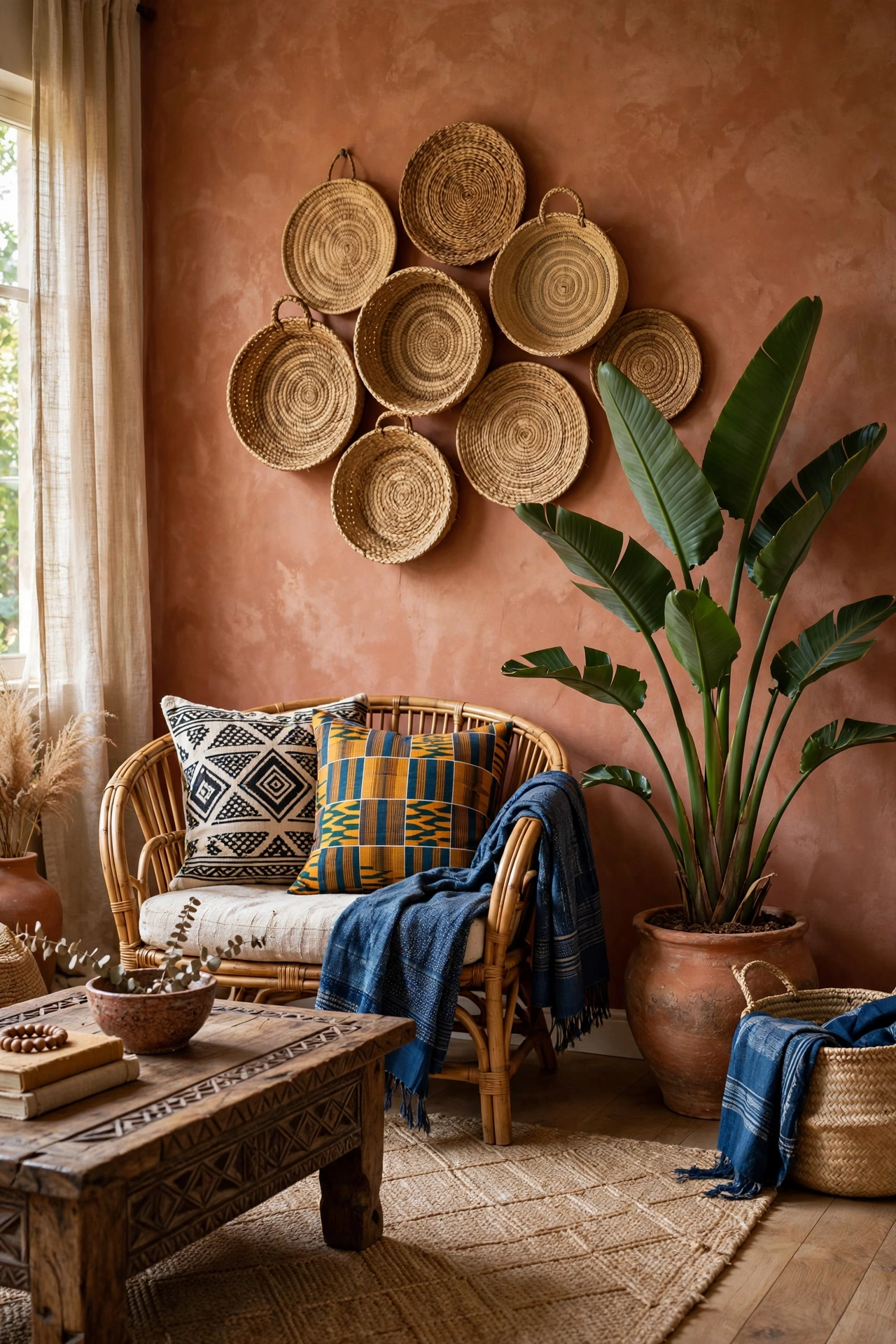 Warm lamplight, rattan pendant and greenery in the evening