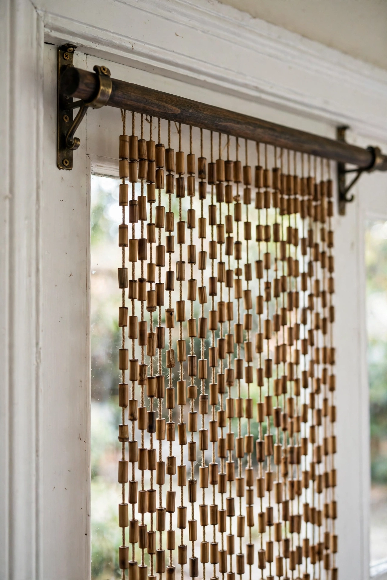 Bamboo bead curtain mounted on a dark wooden rod in a white door frame
