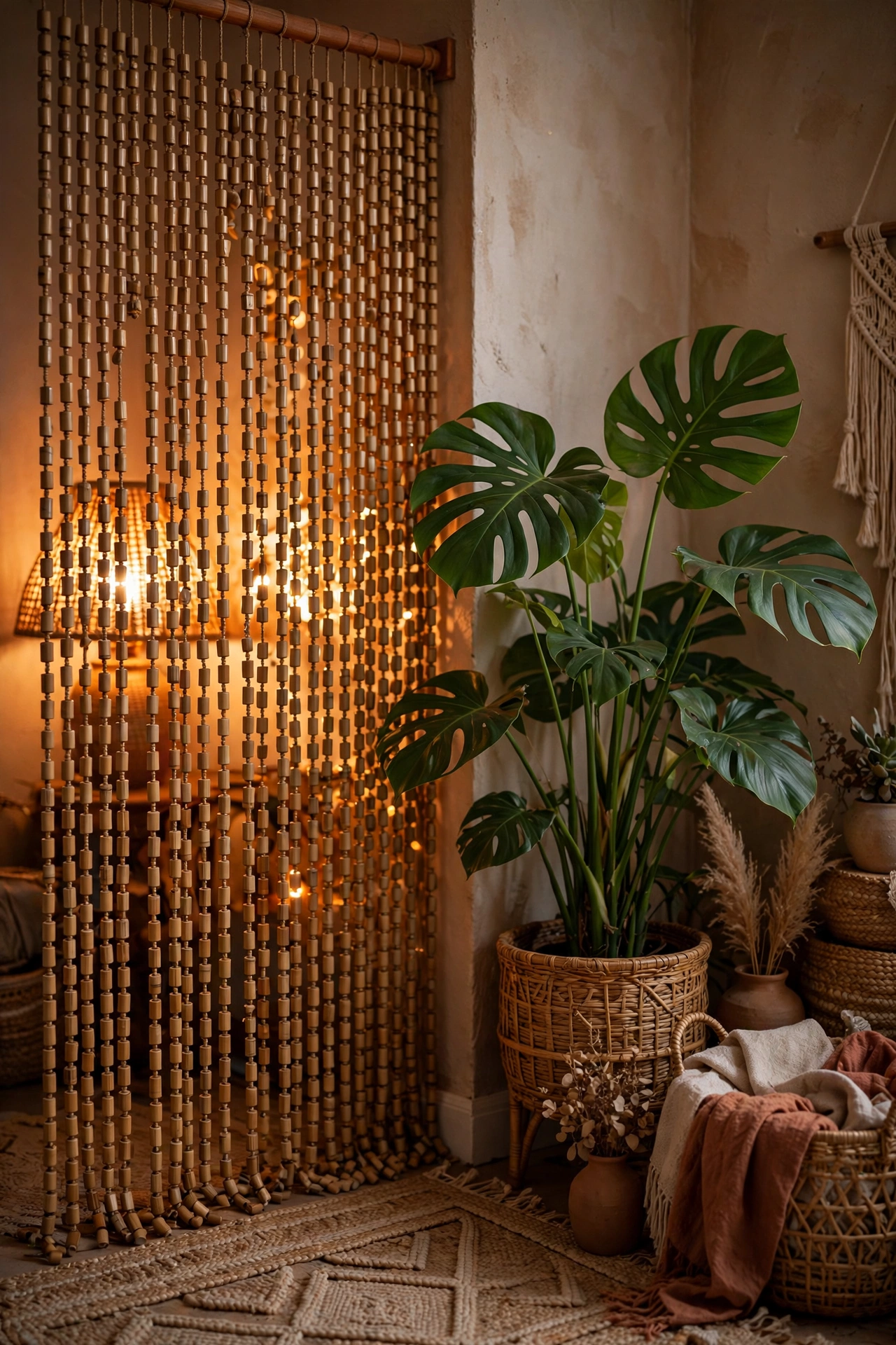 Bamboo bead curtain styled with a houseplant in warm lamplight