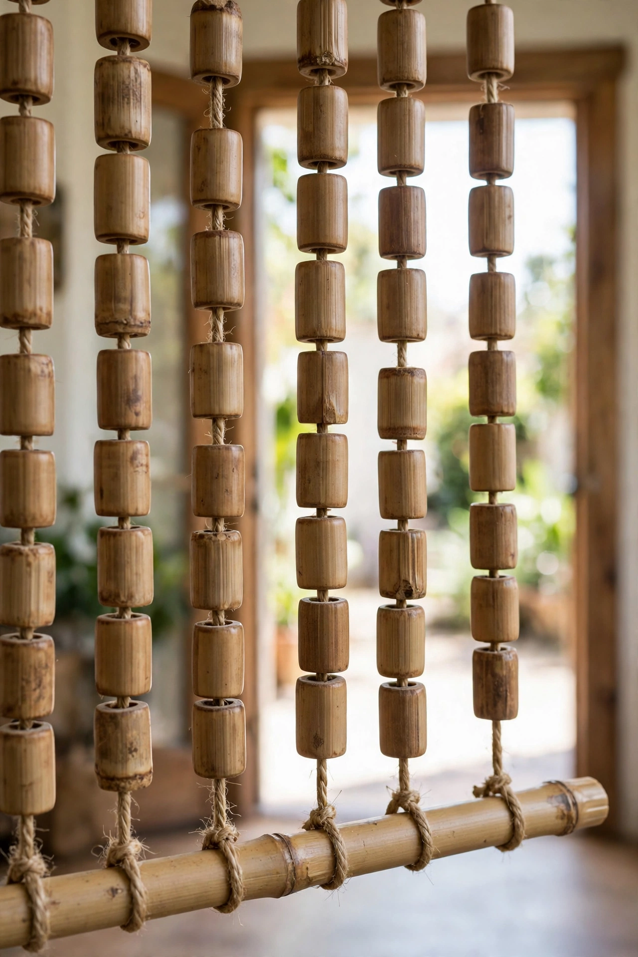 Weighted bottom strands of a bamboo bead curtain in a bright doorway