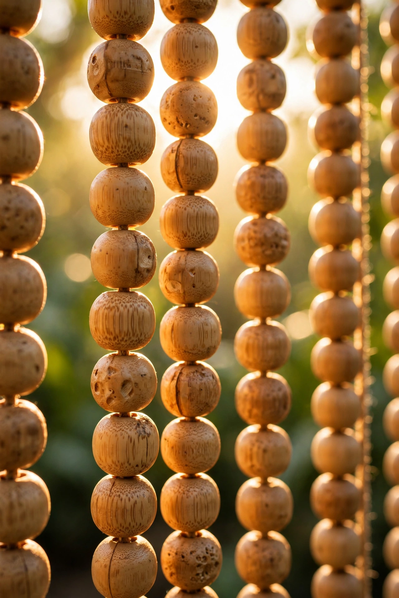 Close-up of bamboo bead curtain strands glowing in sunlight