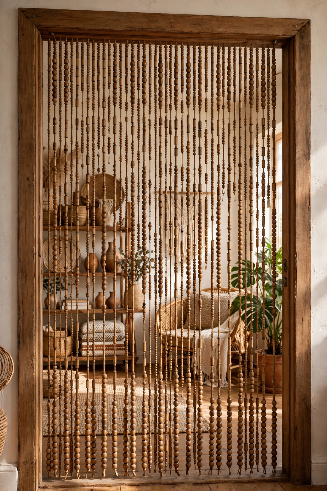 Bamboo bead curtain hanging in a styled wooden doorway
