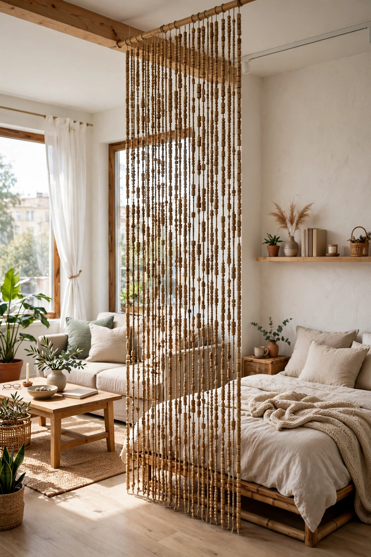 Bamboo bead curtain dividing a studio apartment sleeping nook