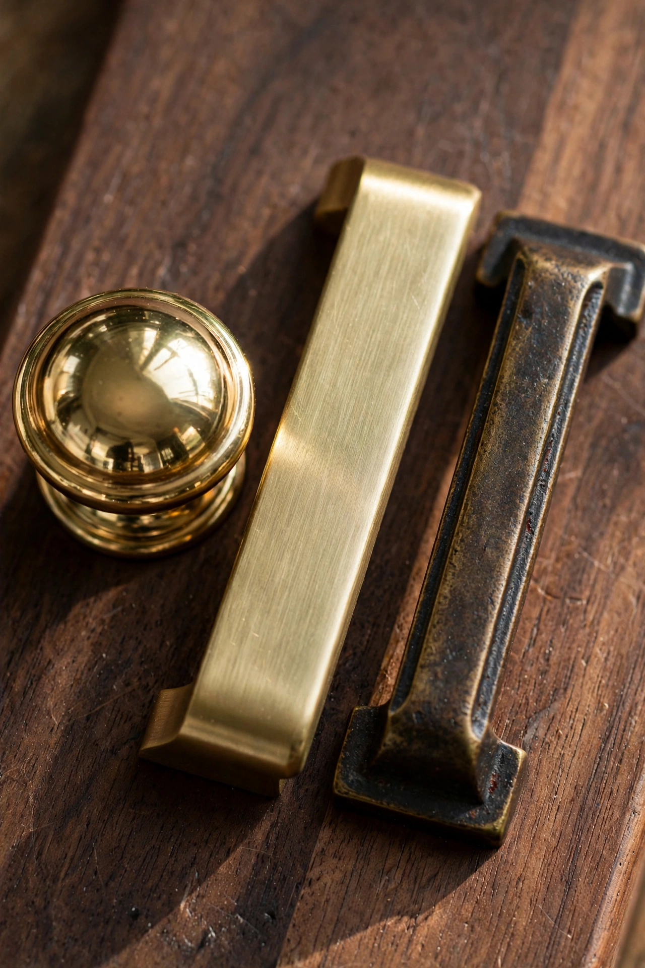 Brass cabinet pulls in polished, brushed, and aged finishes on dark walnut