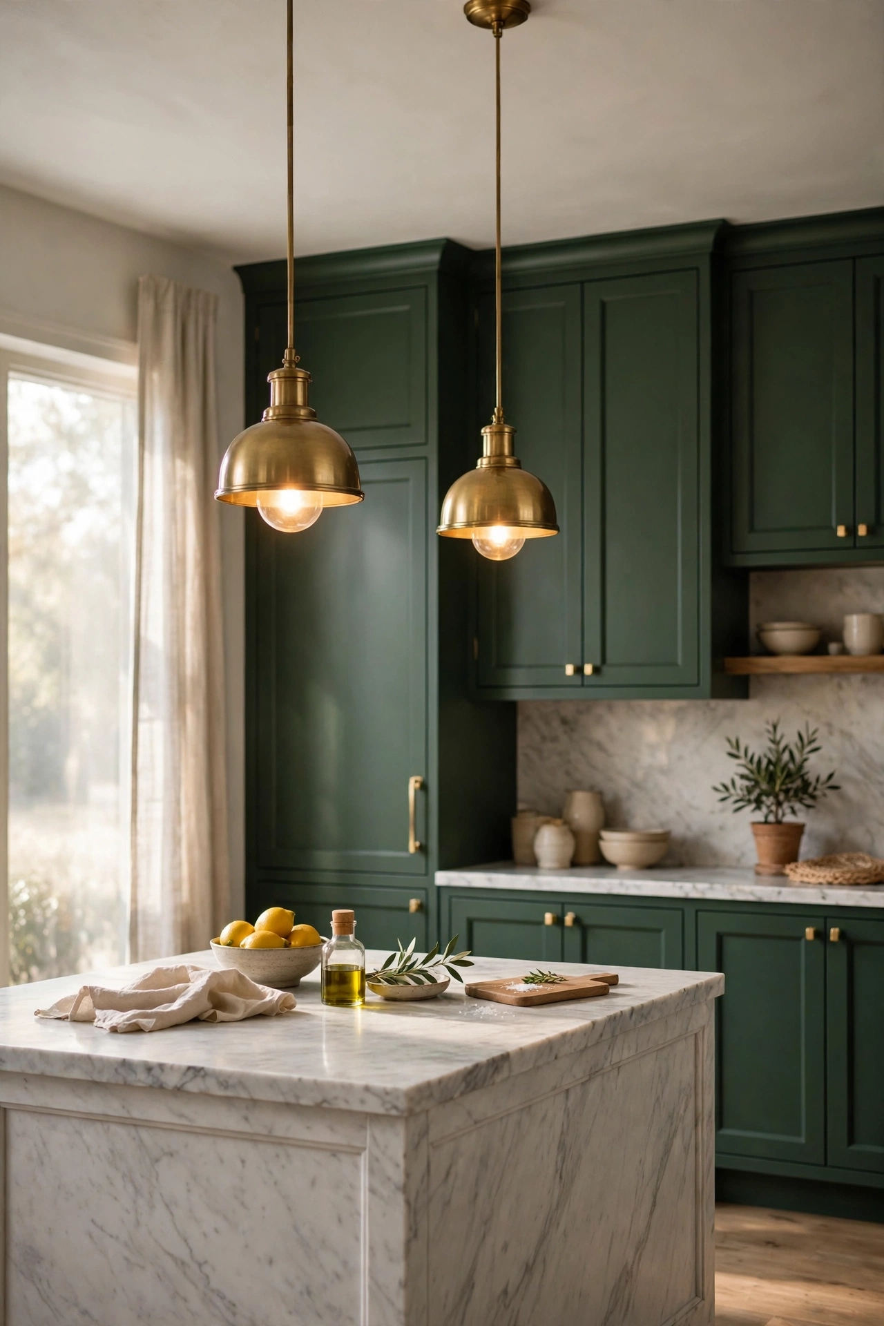 Brass pendant lights glowing over a marble kitchen island