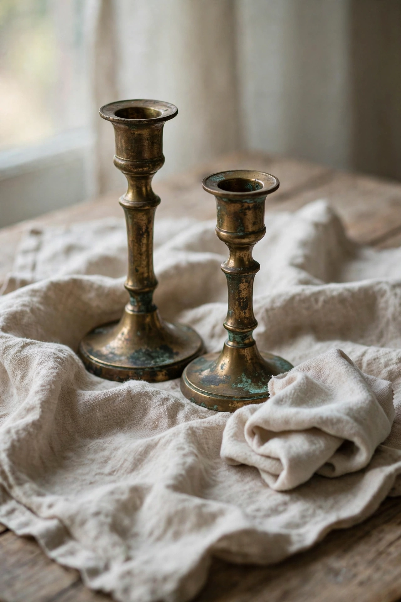 Vintage brass candlesticks with natural patina on linen