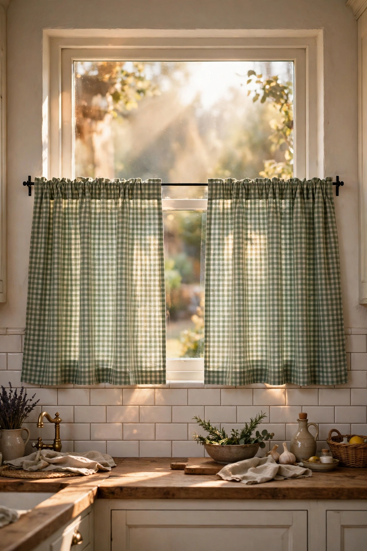 Sage gingham cafe curtains on a slim rod over white subway tile.