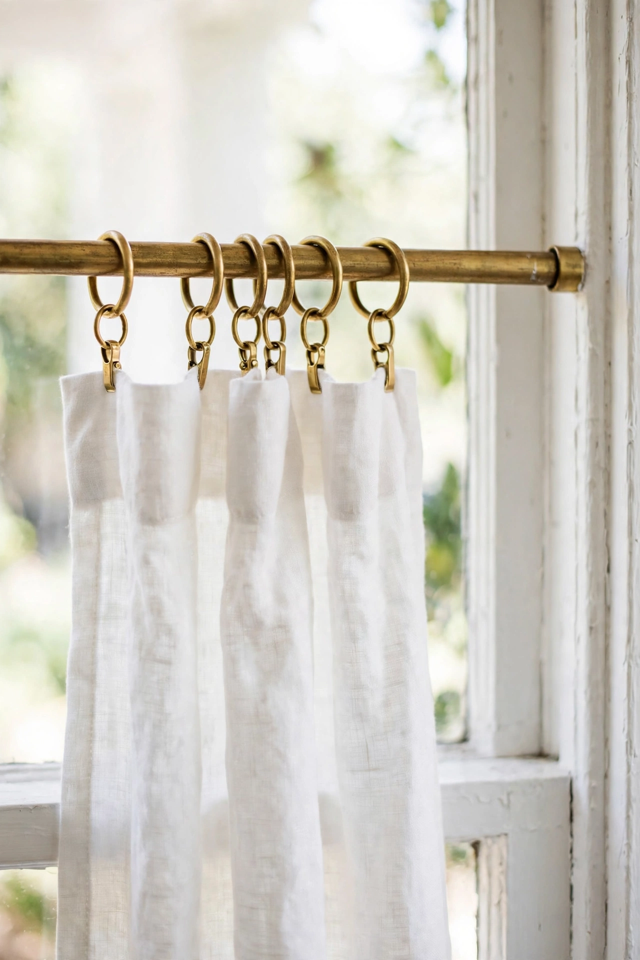 A slim brass rod with ring clips makes cafe curtains easy to hang and wash.