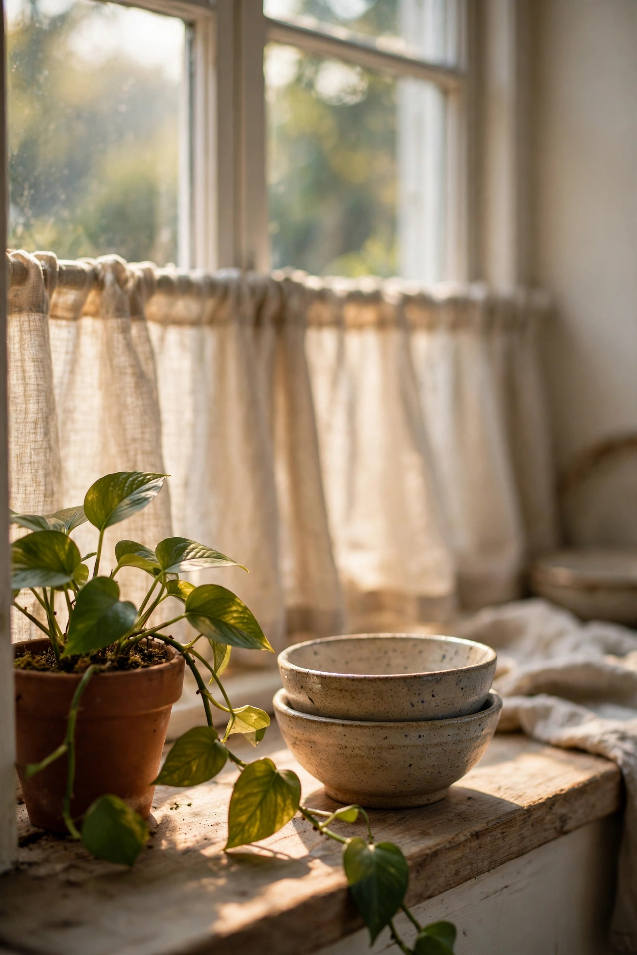 An edited sill: one herb pot and a few bowls beneath the curtains.