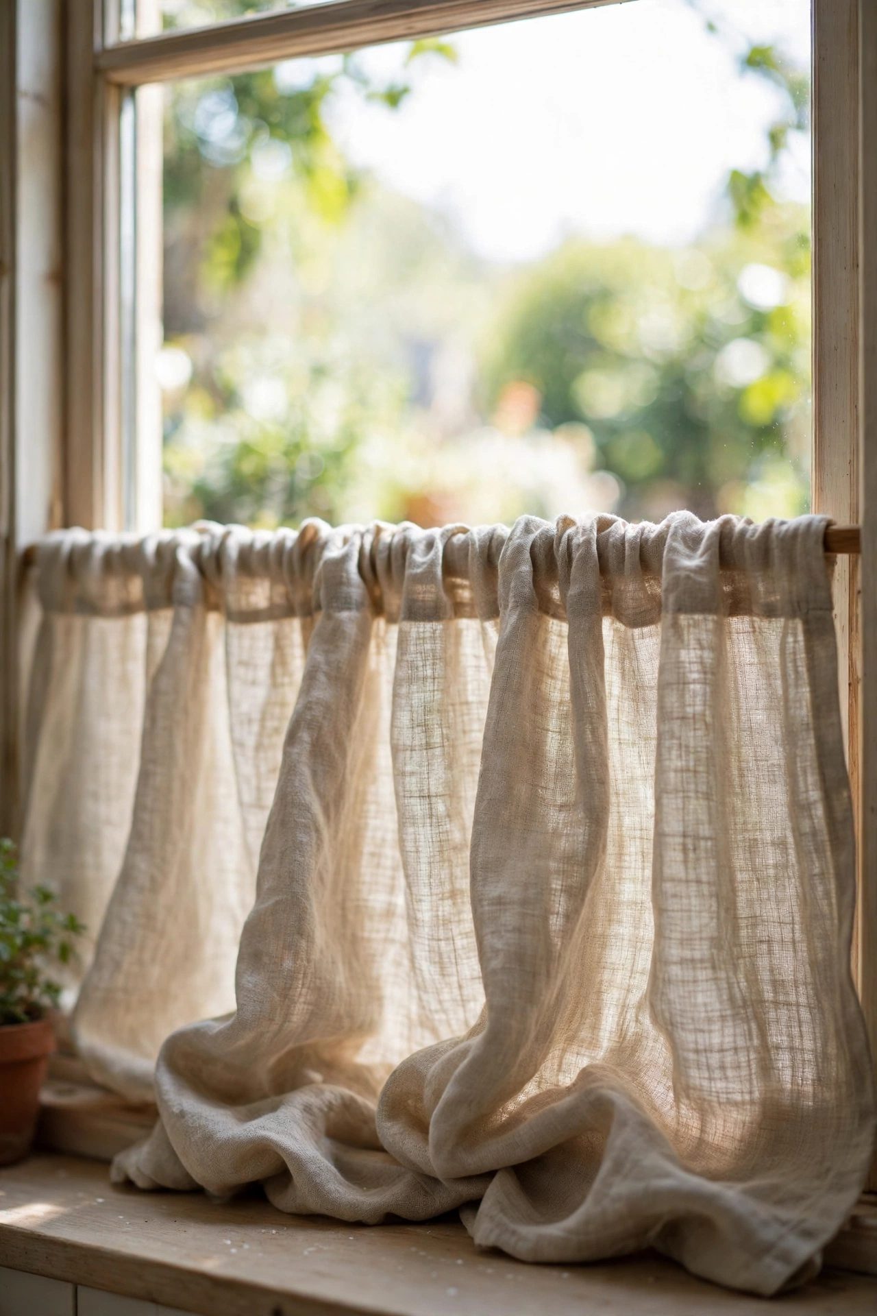 A natural linen cafe curtain softens the lower half of a kitchen window while daylight pours in above.