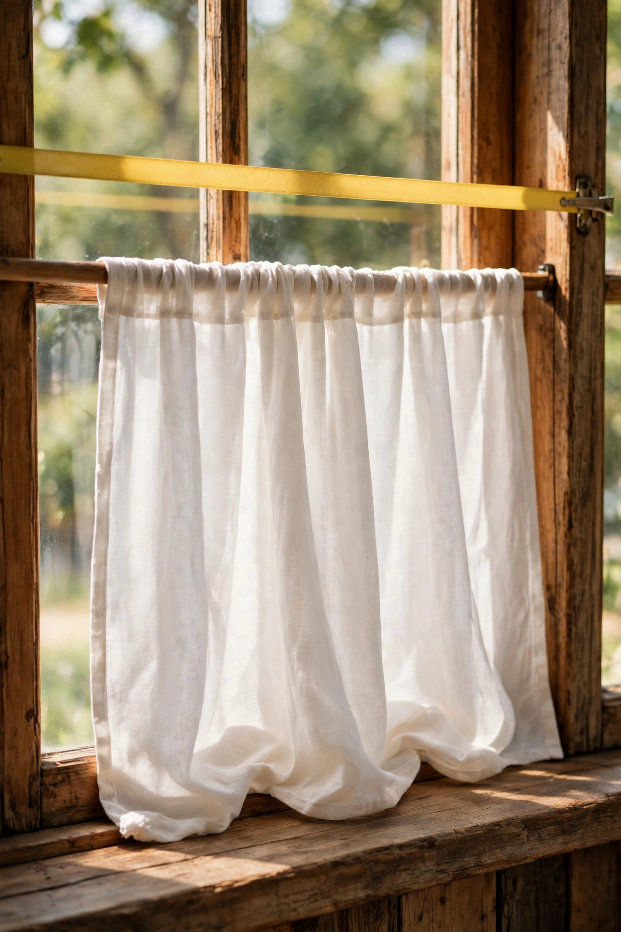 A tape measure across the glass takes the guesswork out of cafe curtain height.