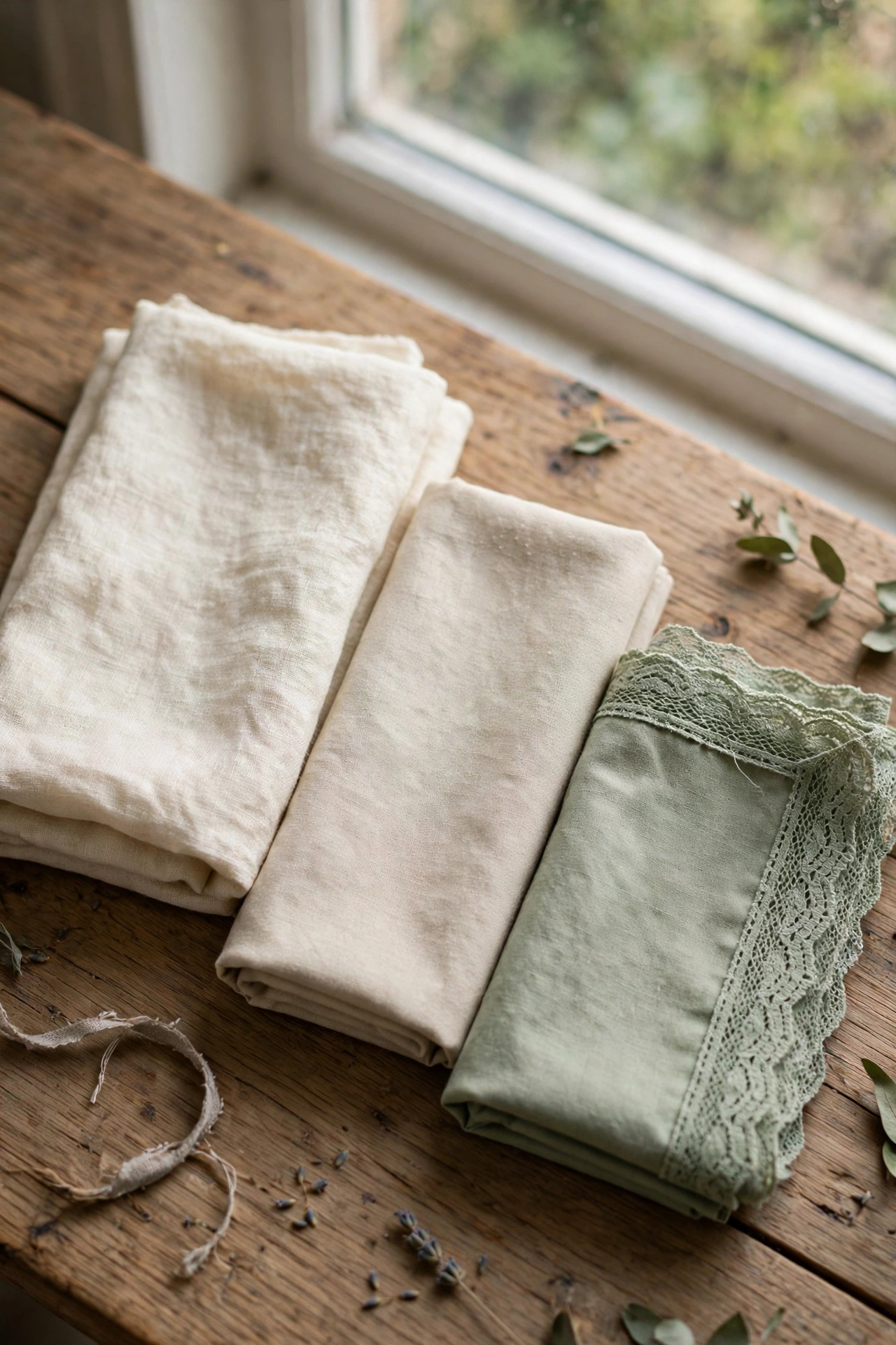 Washed linen, cotton, and lace: fabrics that forgive real kitchen life.