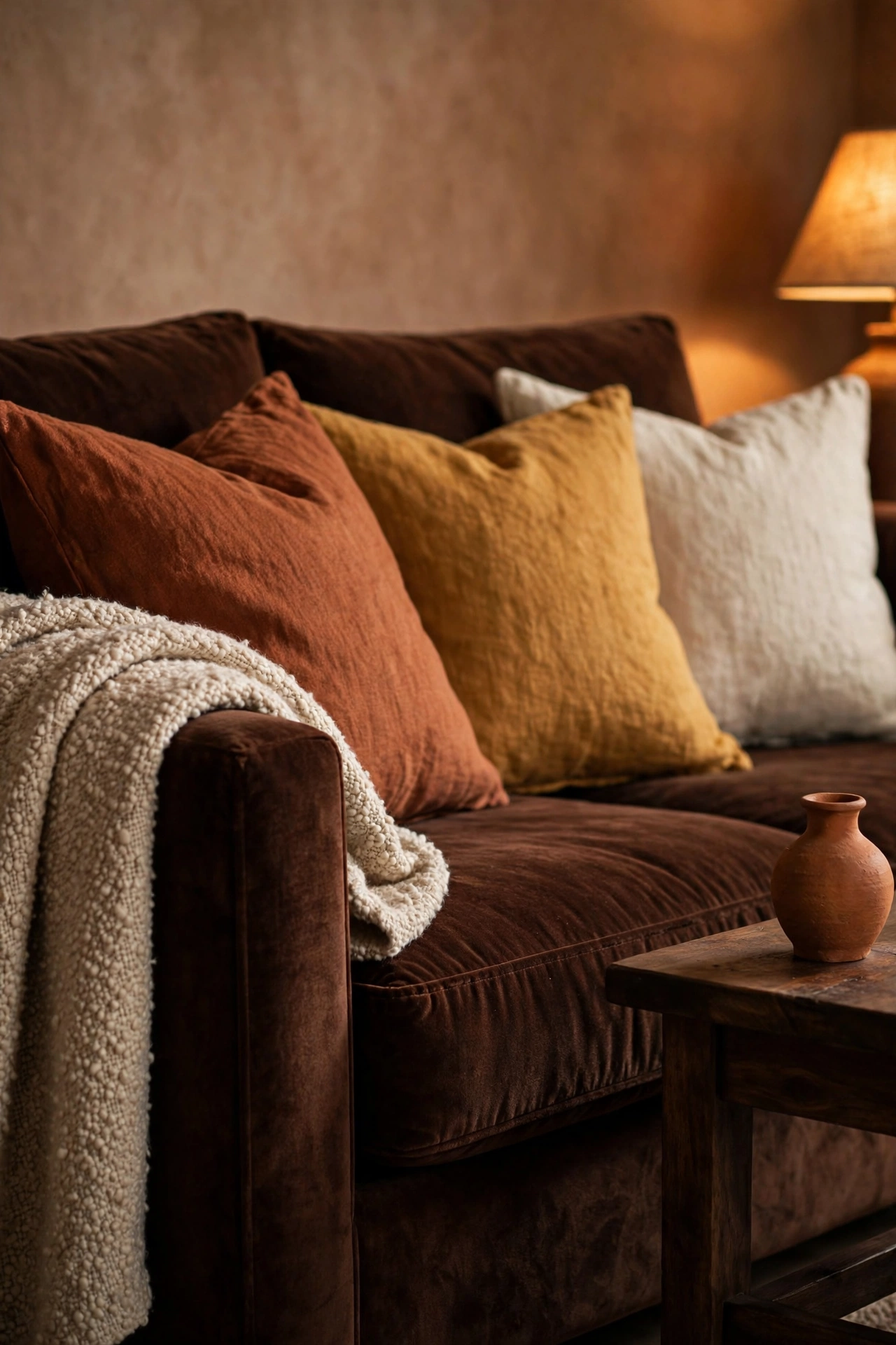 Deep chocolate velvet sofa layered with rust, ochre and cream cushions.