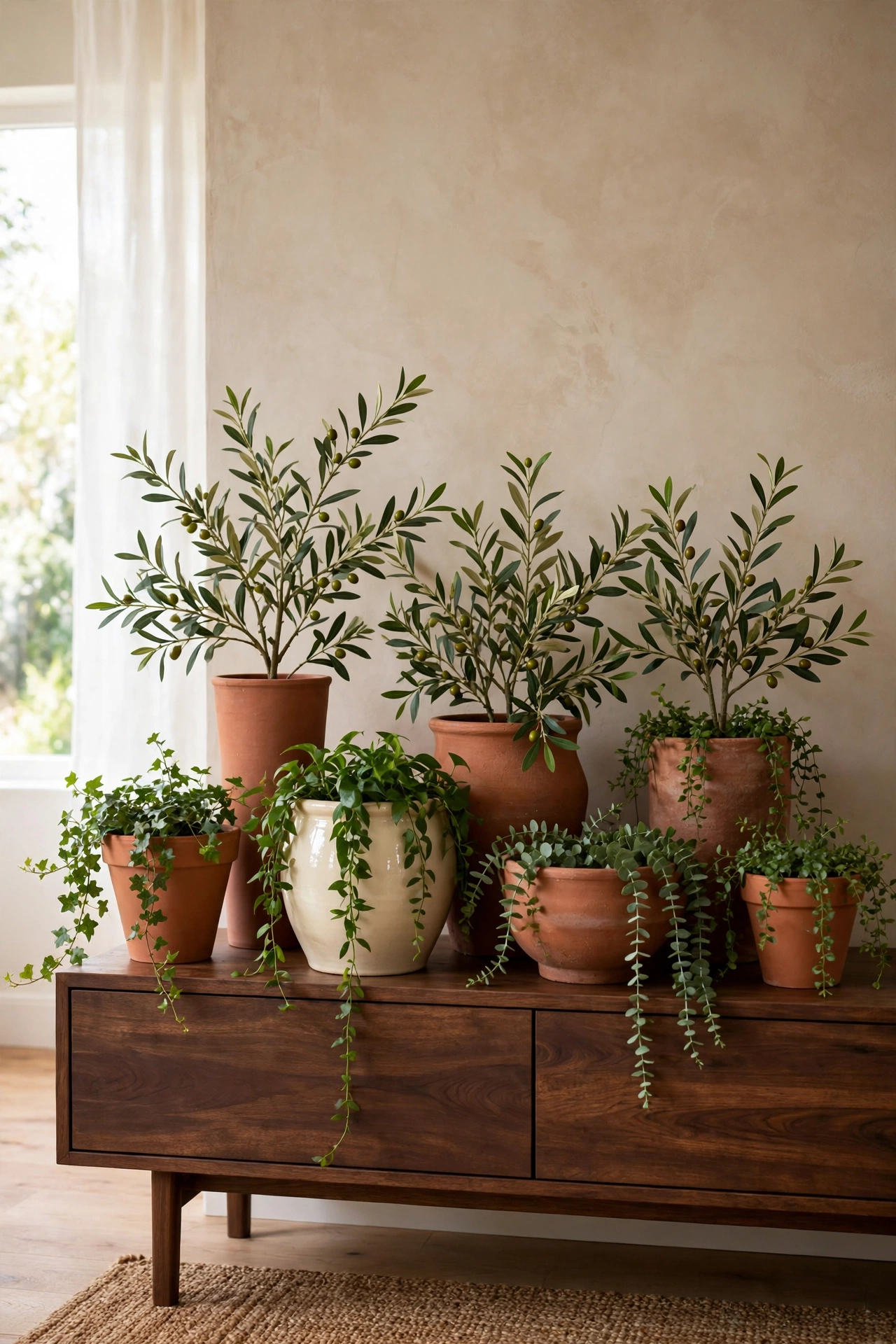A collected cluster of terracotta planters in varied heights on a console table.