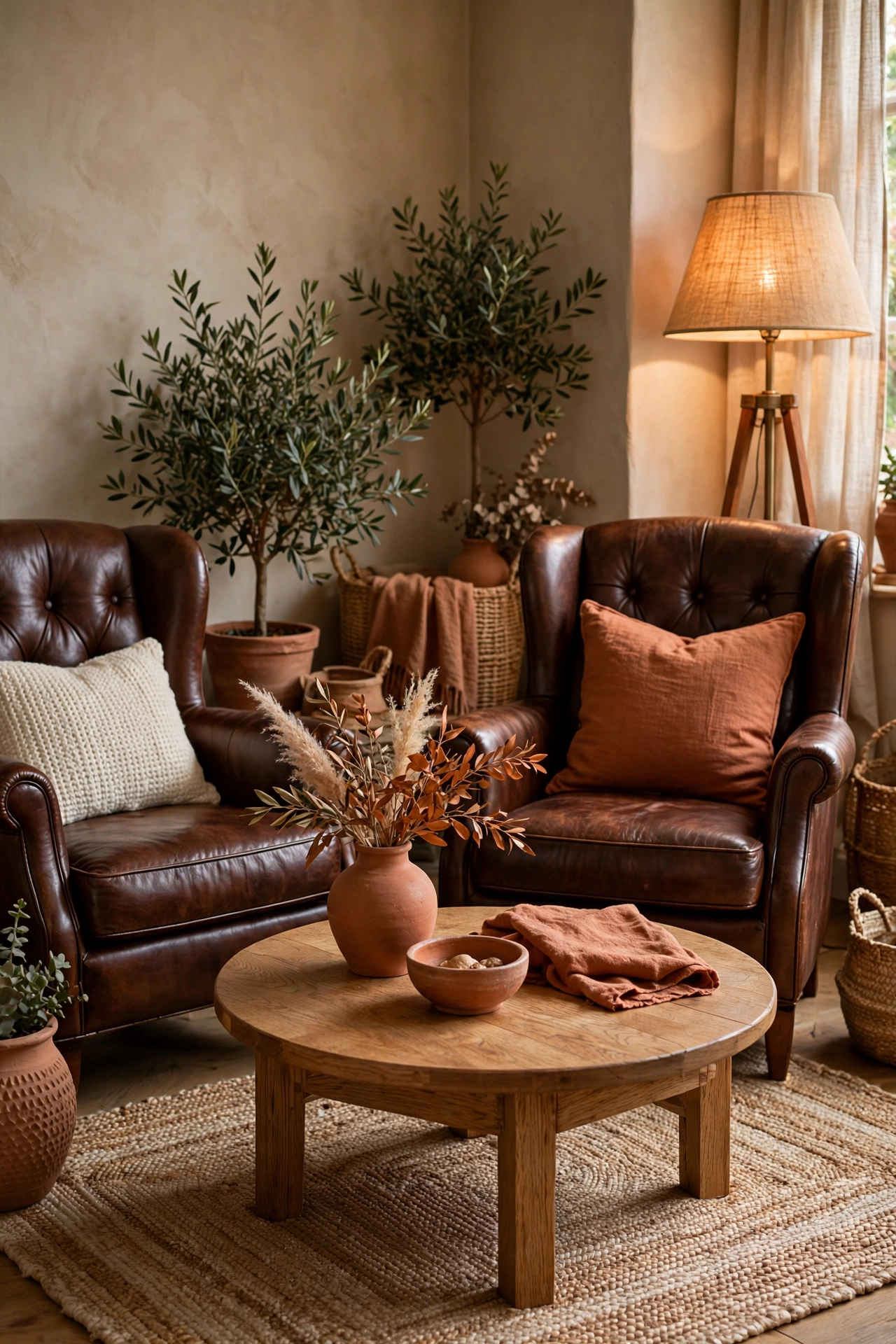 Chocolate brown leather club chairs angled around an oak coffee table.