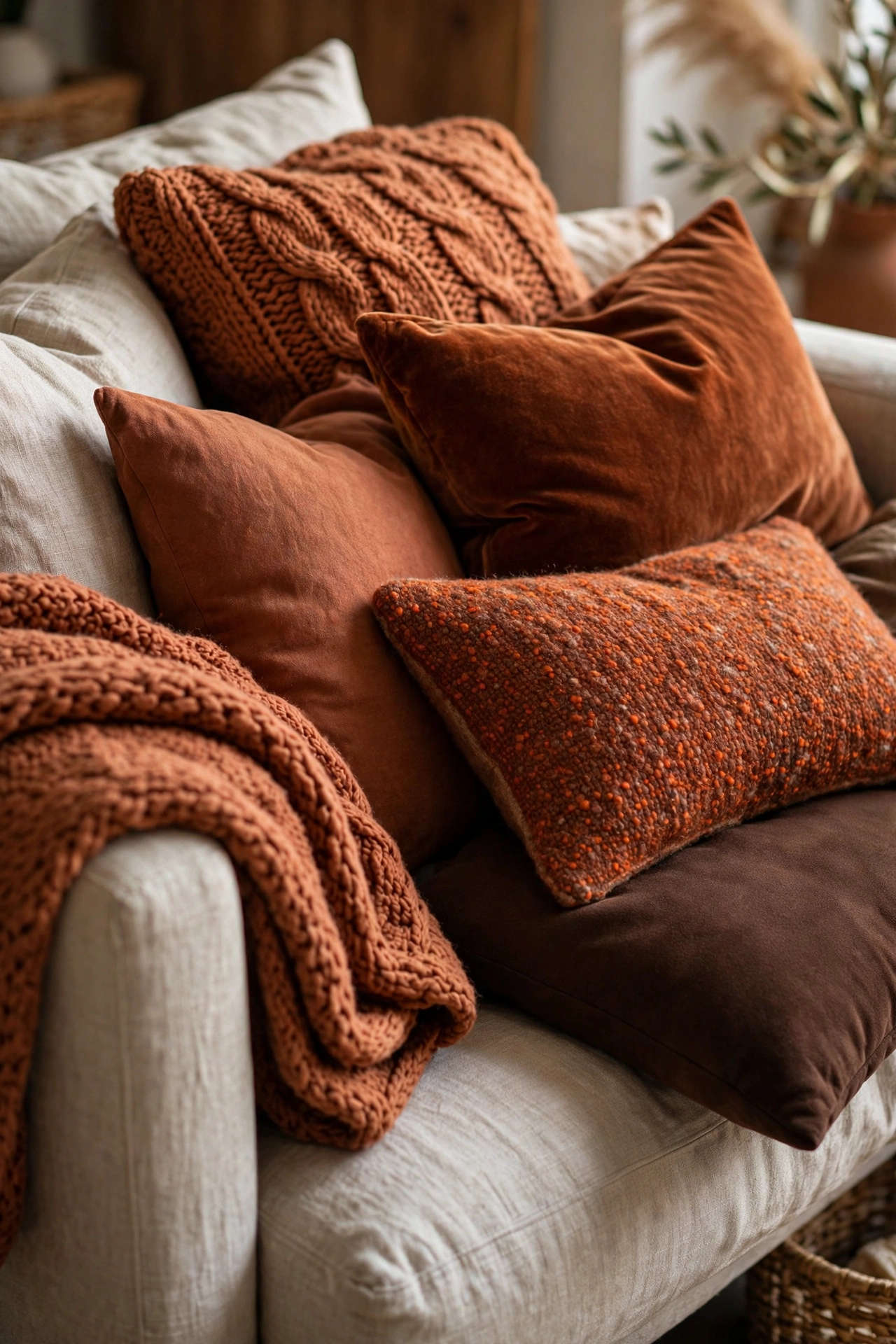 Neutral sofa layered thick with terracotta cushions and a chunky knit throw.