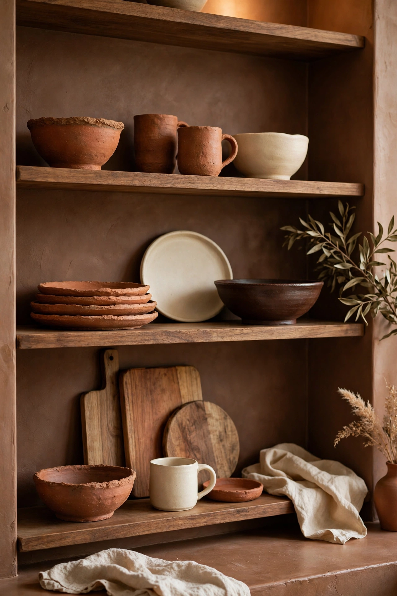 Open kitchen shelves styled with handmade-look terracotta bowls and mugs.
