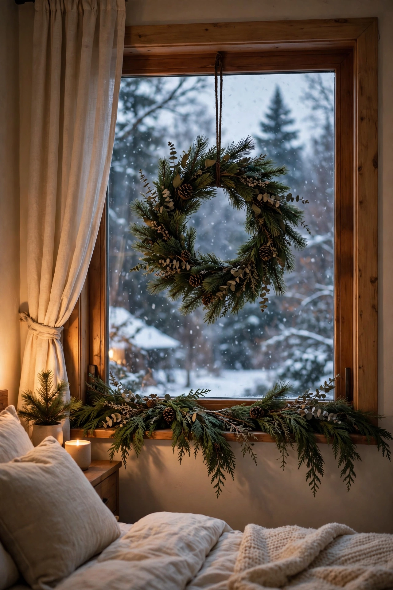 A pine wreath centred in the bedroom window with snowfall outside