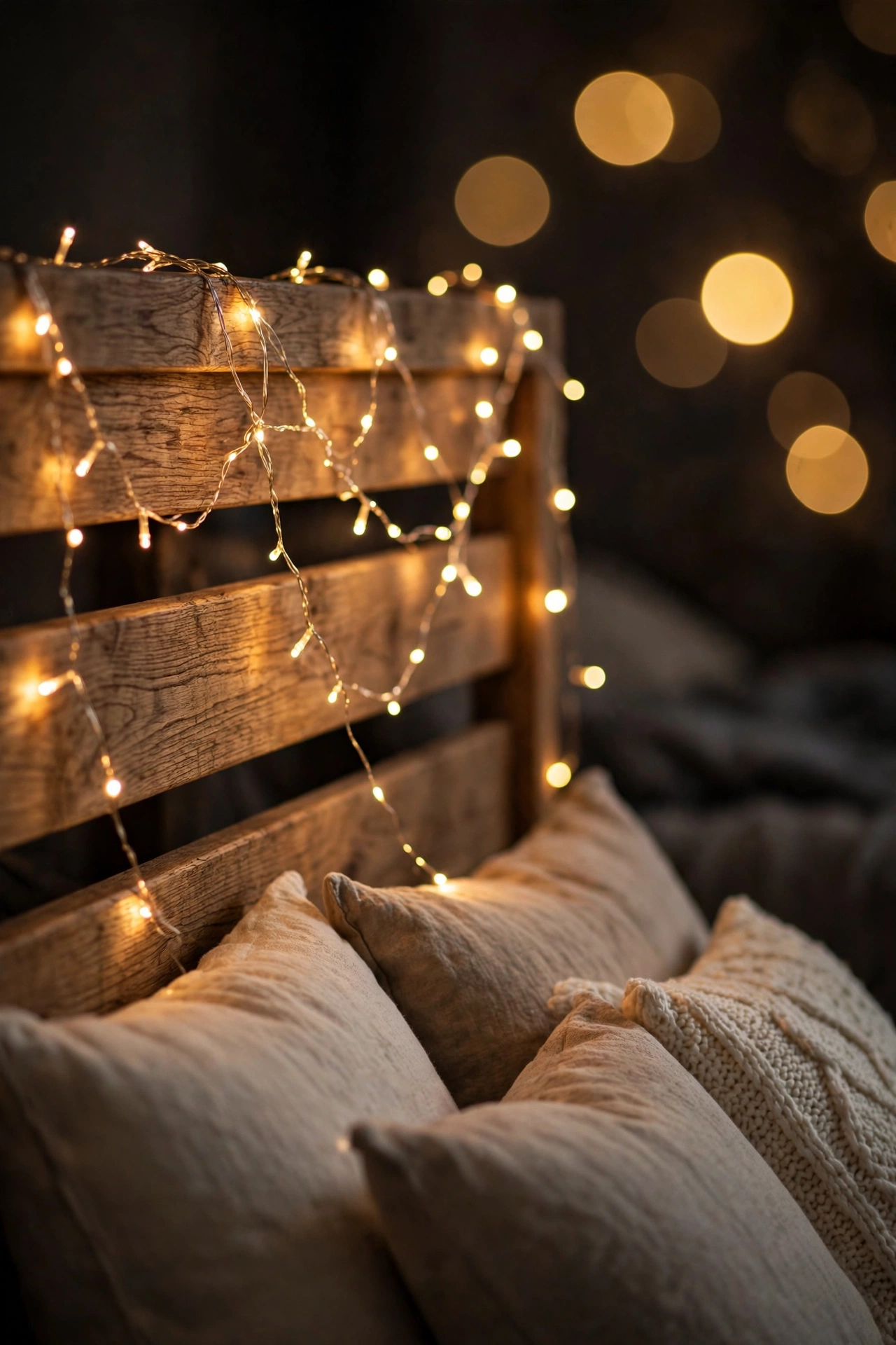 Warm fairy lights draped over a wooden headboard