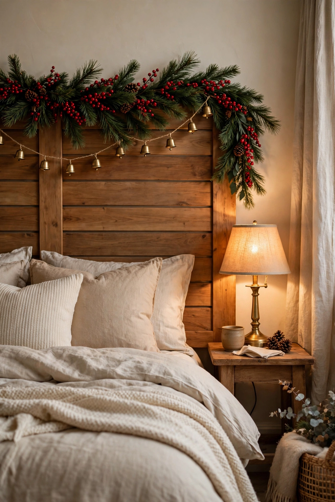Fresh pine garland with berries along the headboard