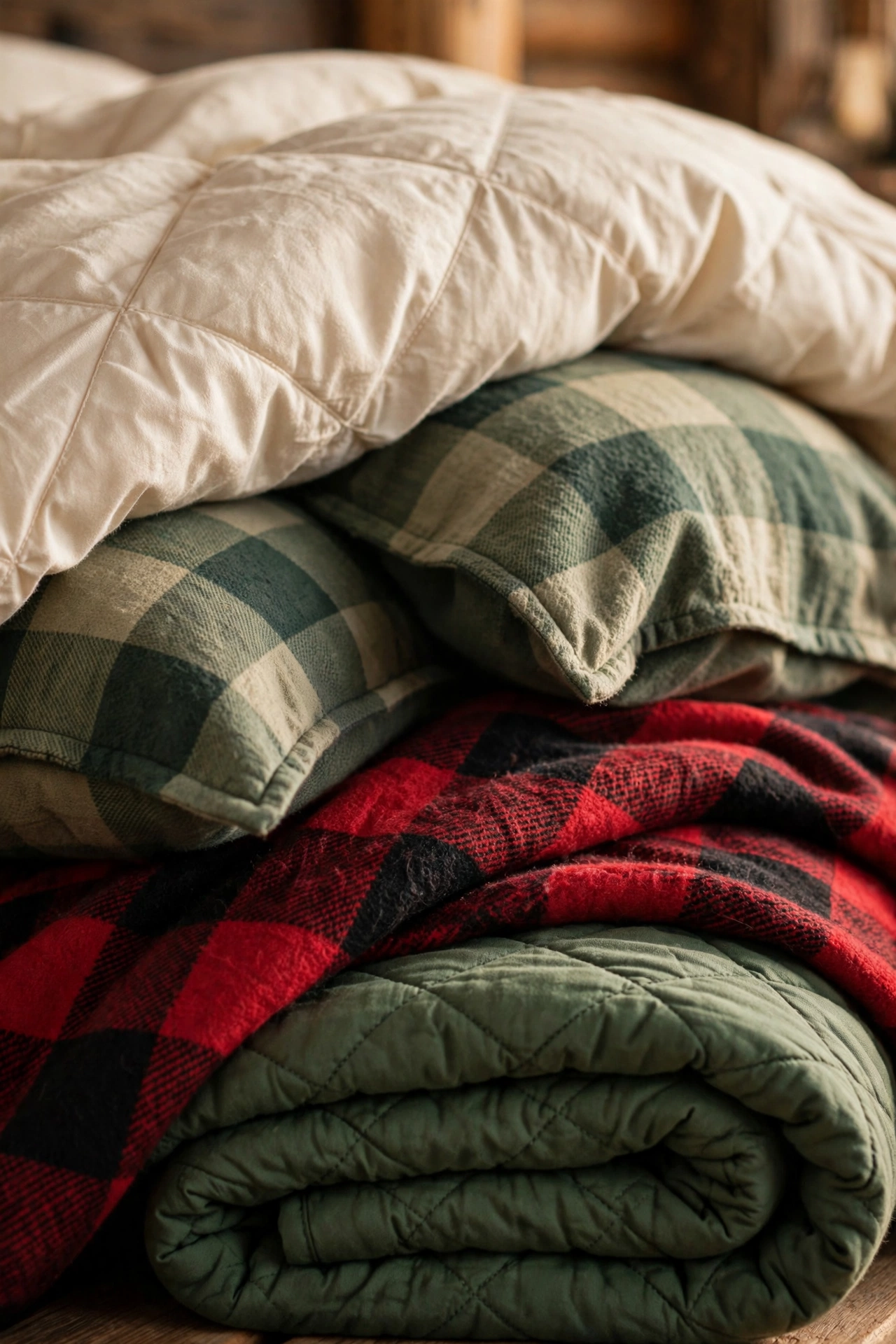 Lodge-style layered bedding in cream and pine green
