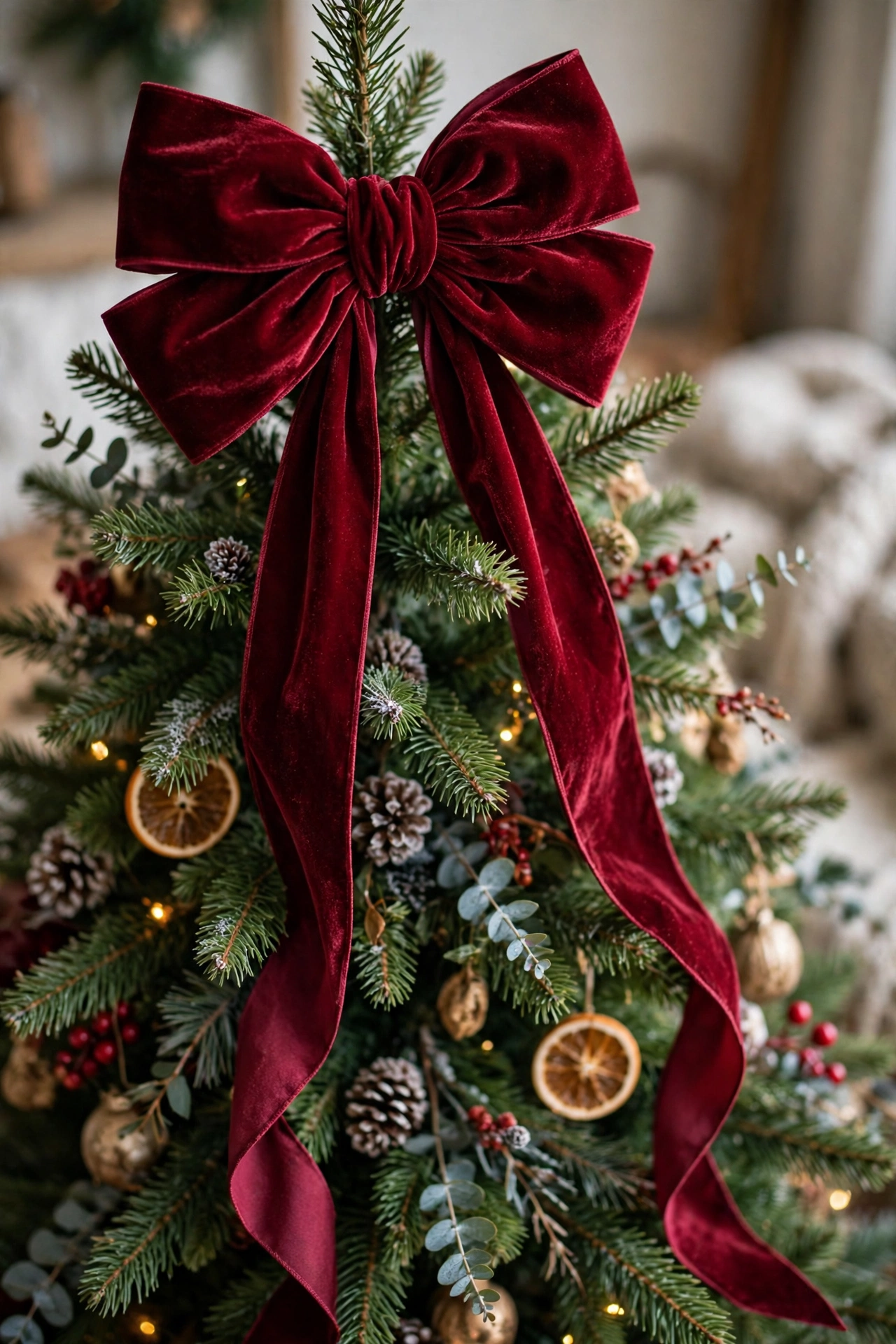 Oversized burgundy velvet bow crowning a Christmas tree