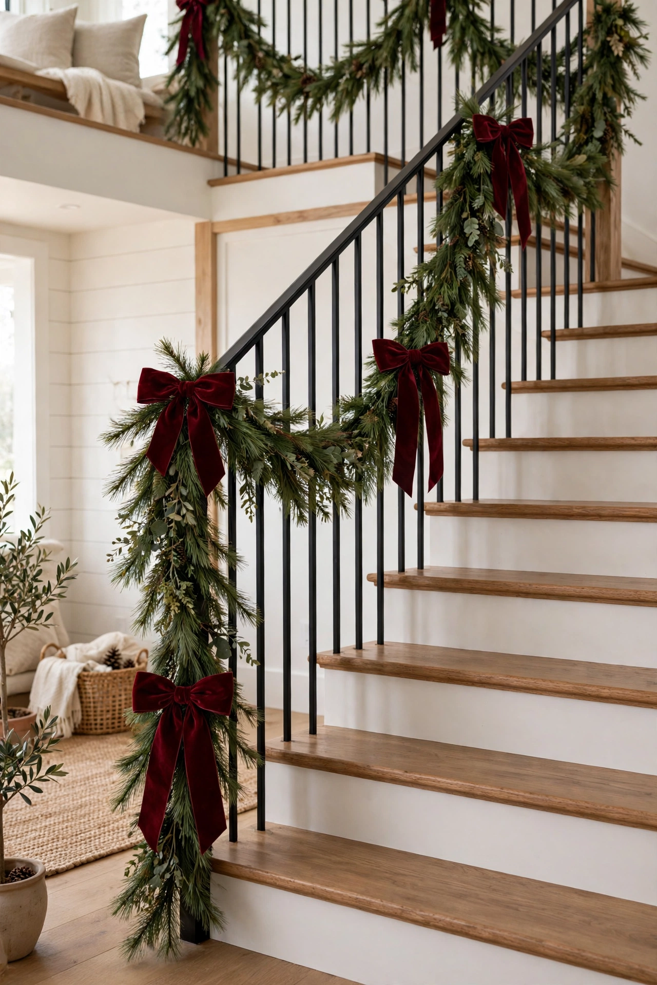 Velvet bows marking each swag of stair garland