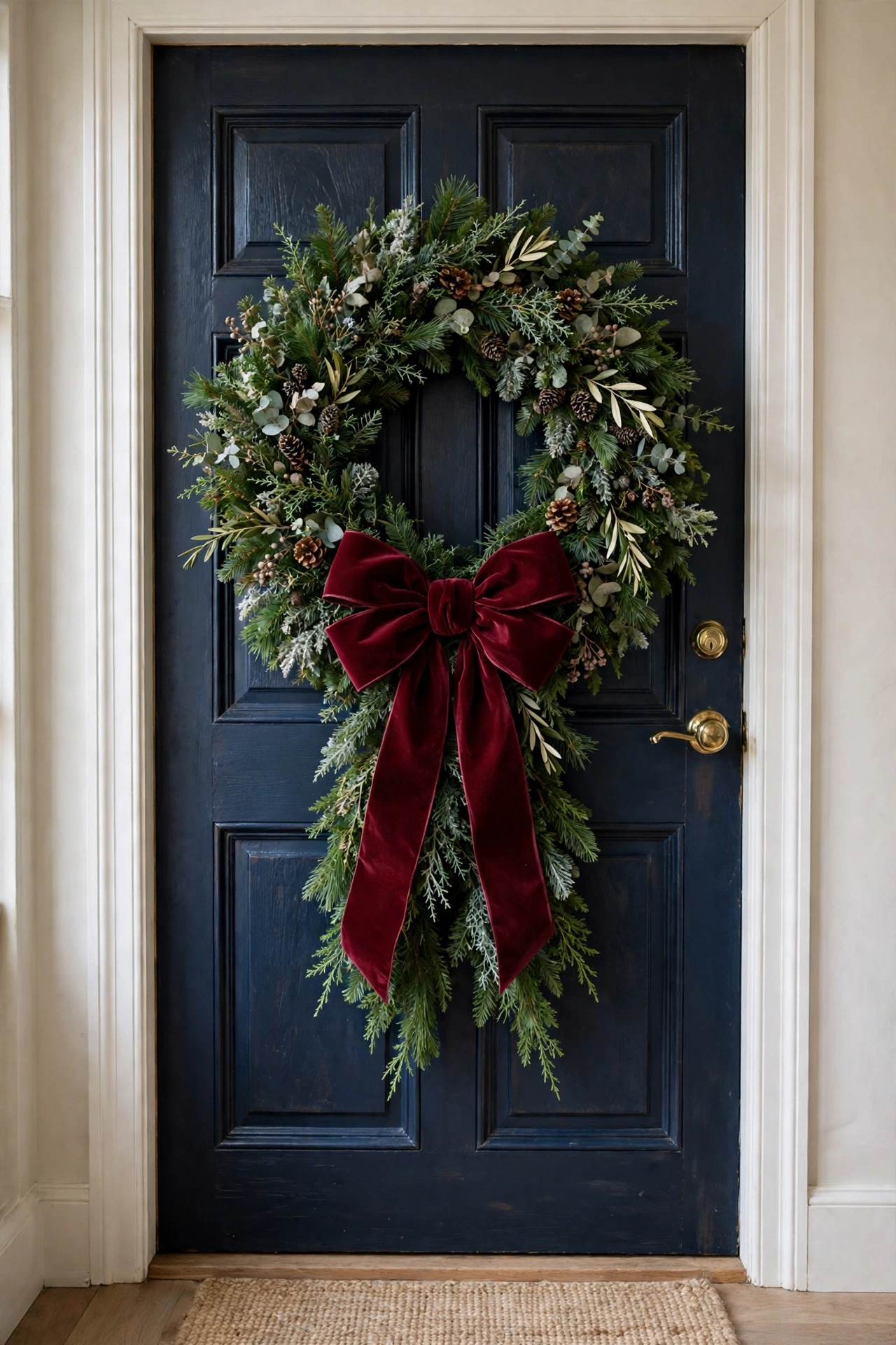 Full velvet bow on a Christmas wreath at the front door