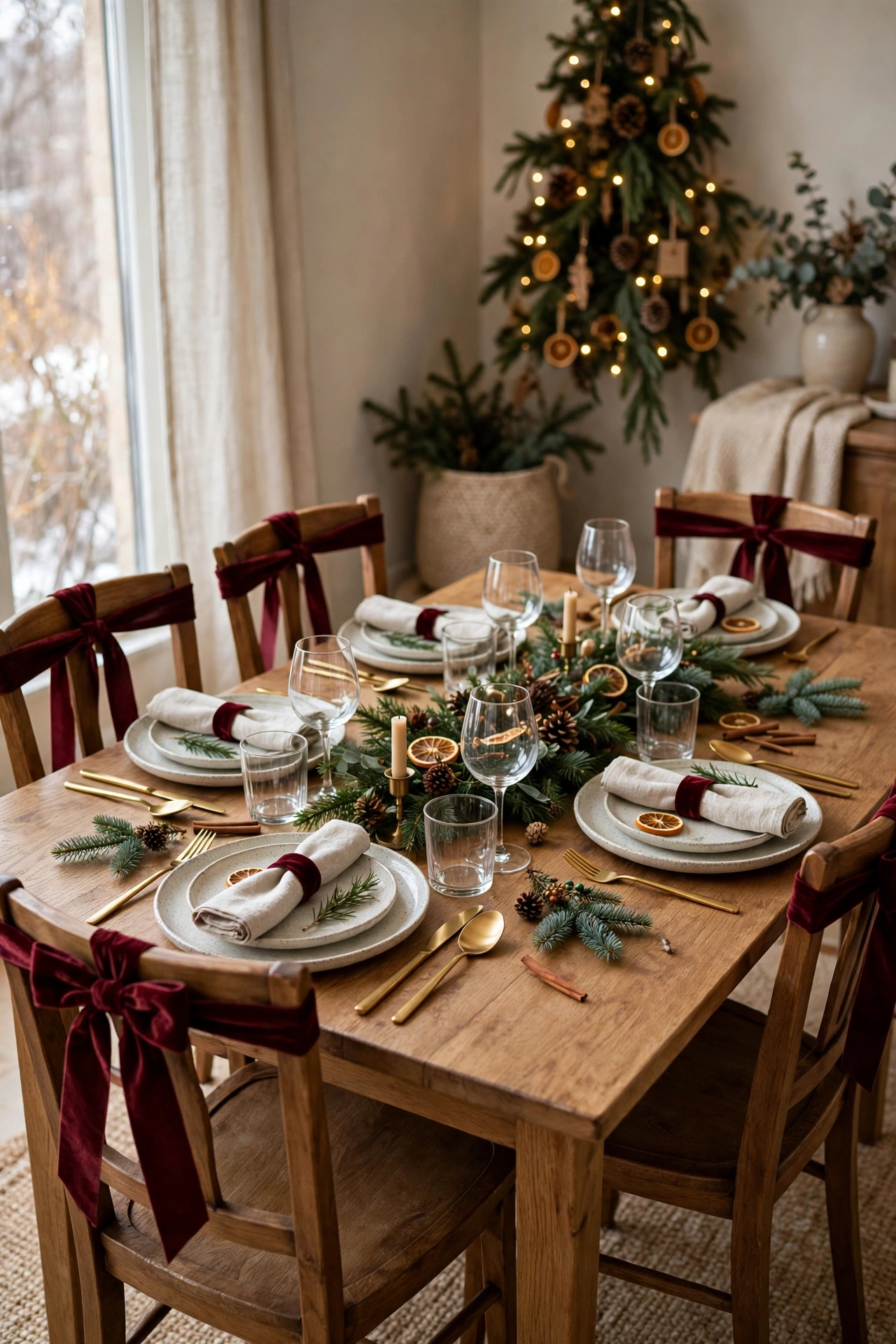Dining chairs tied with burgundy velvet ribbon bows