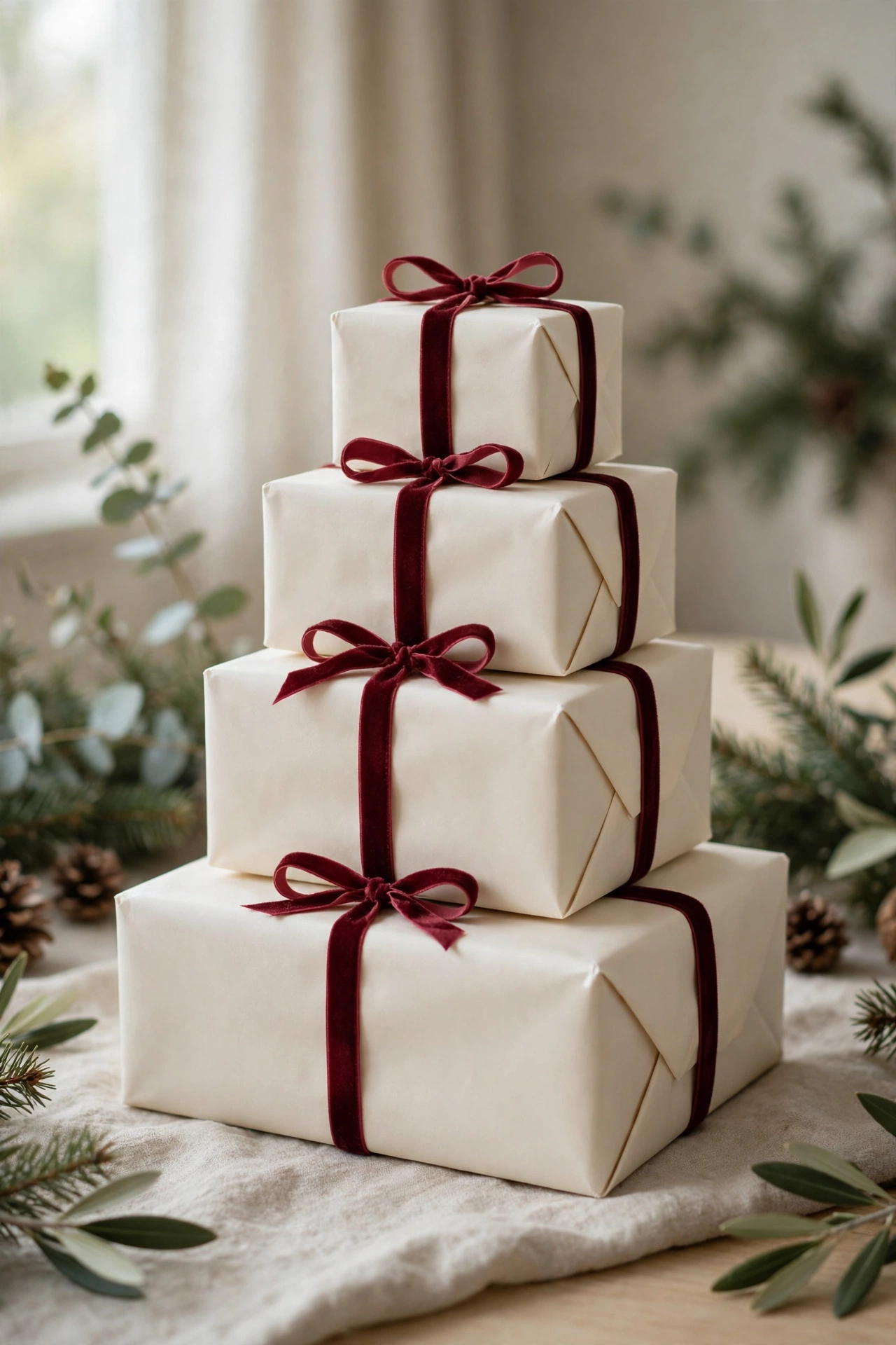 Cream-wrapped gifts tied with burgundy velvet ribbon