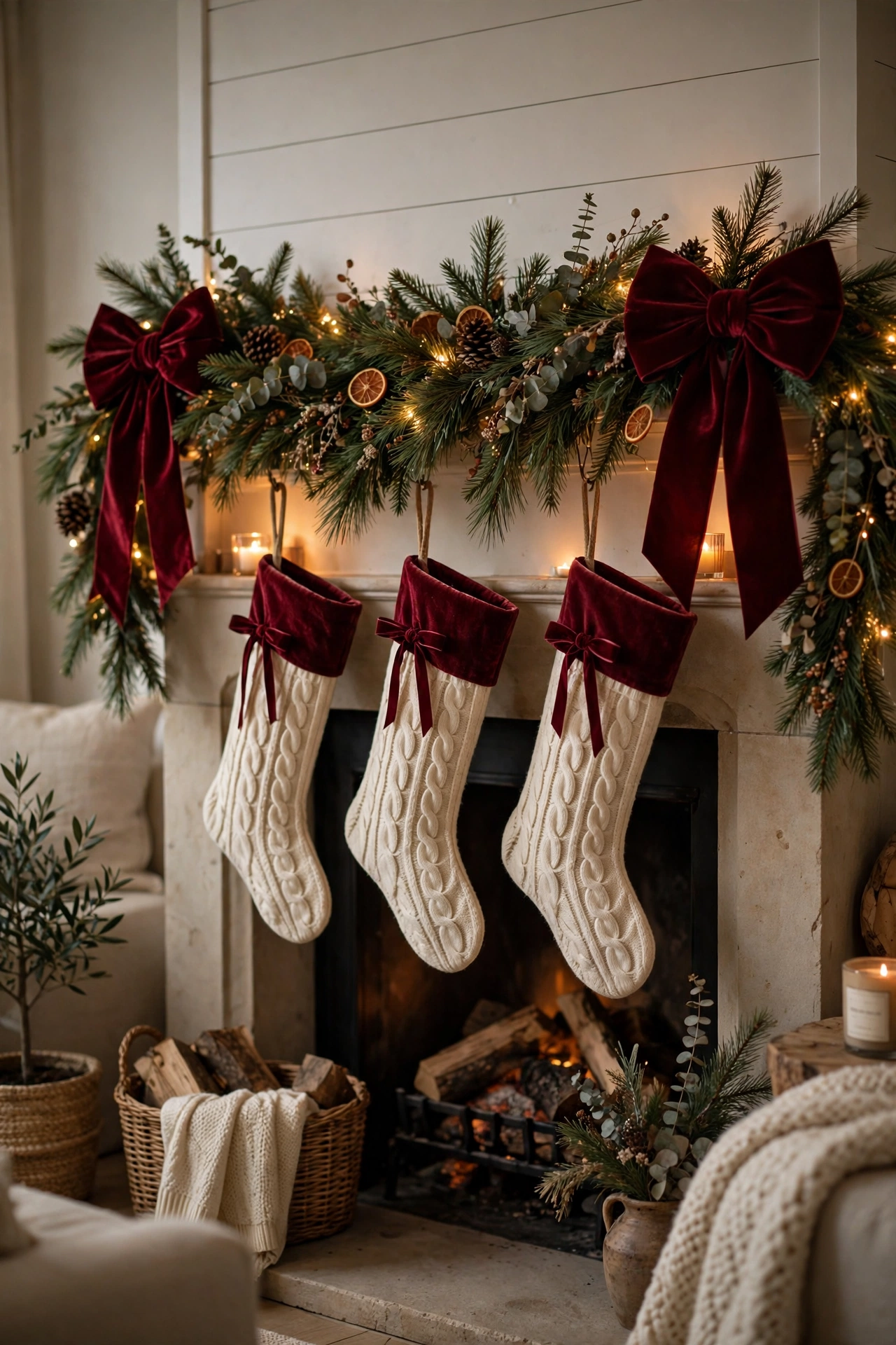 Mantel garland with velvet bows and ribbon-tied stockings