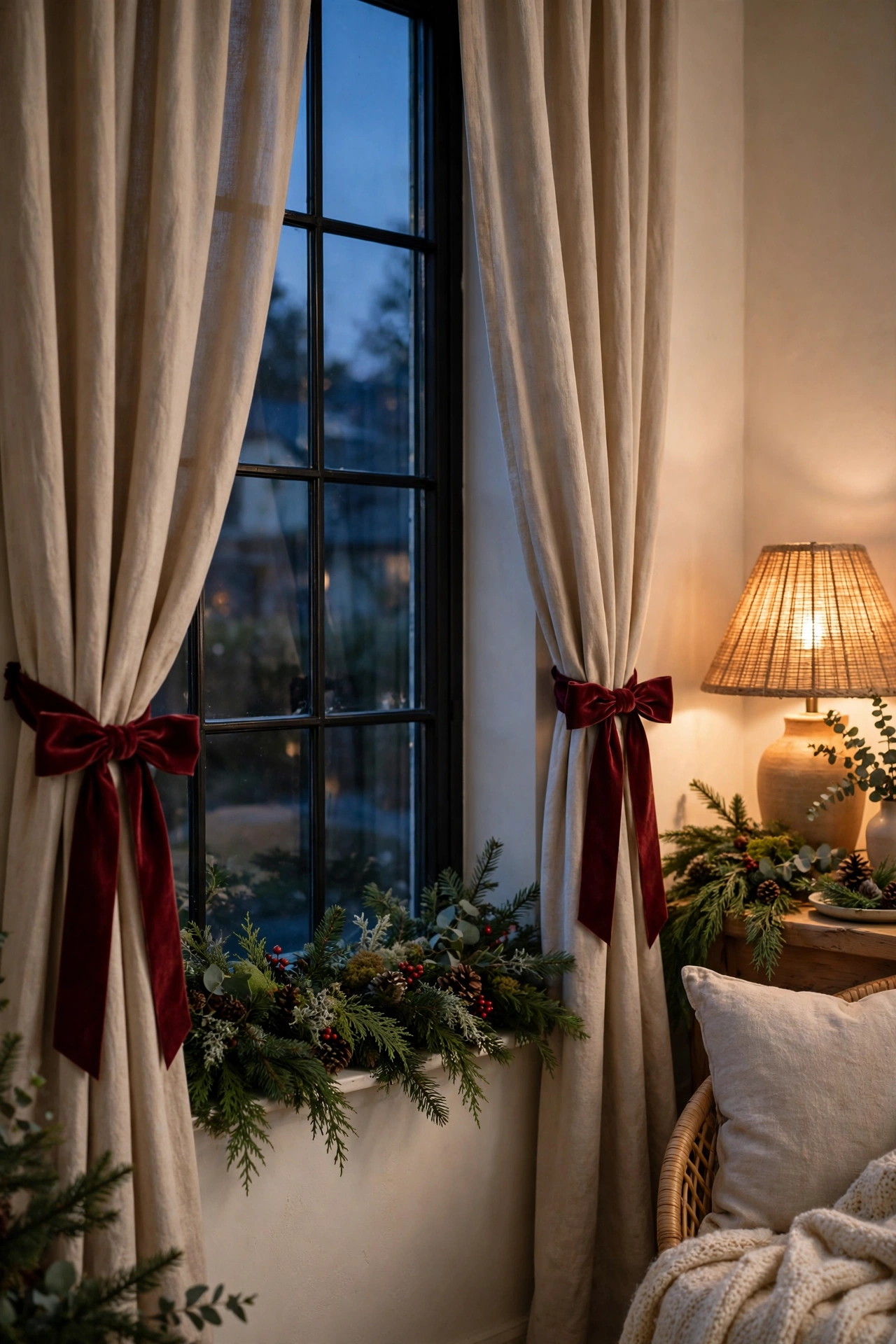 Curtains tied back with a burgundy velvet ribbon bow