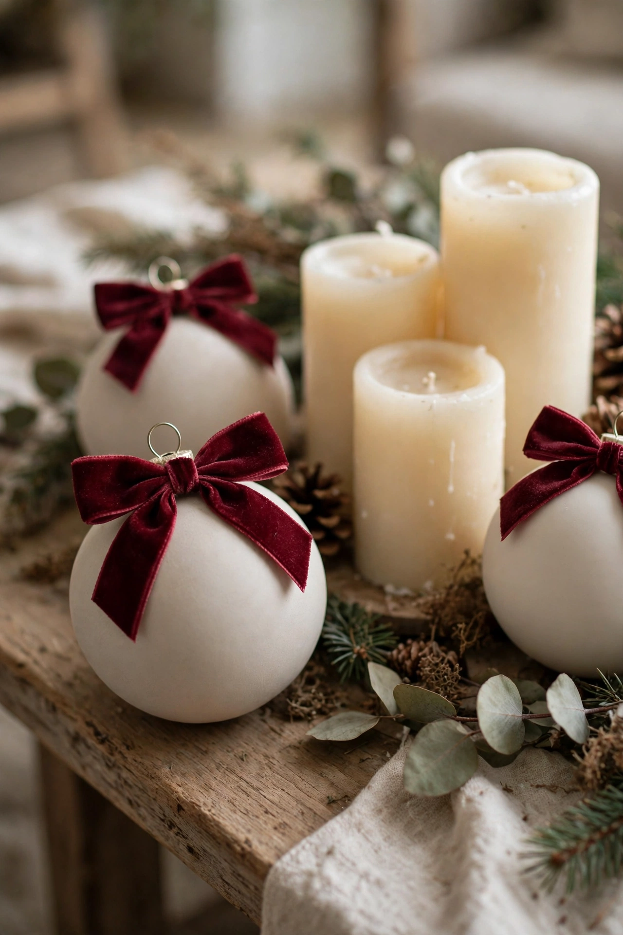 Small velvet bows on ornaments and a candle cluster