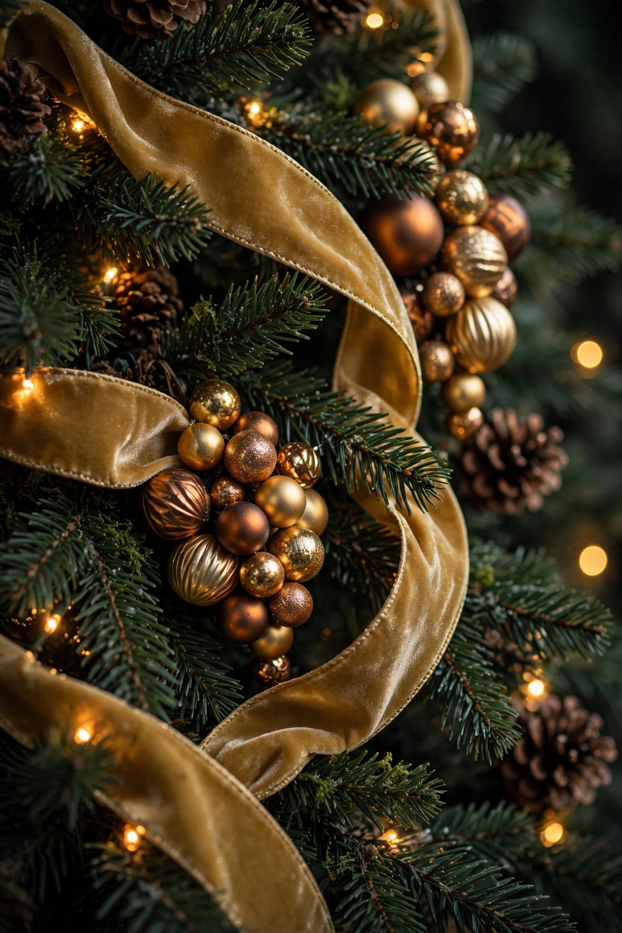 Gold velvet ribbon woven through ornament clusters on the tree
