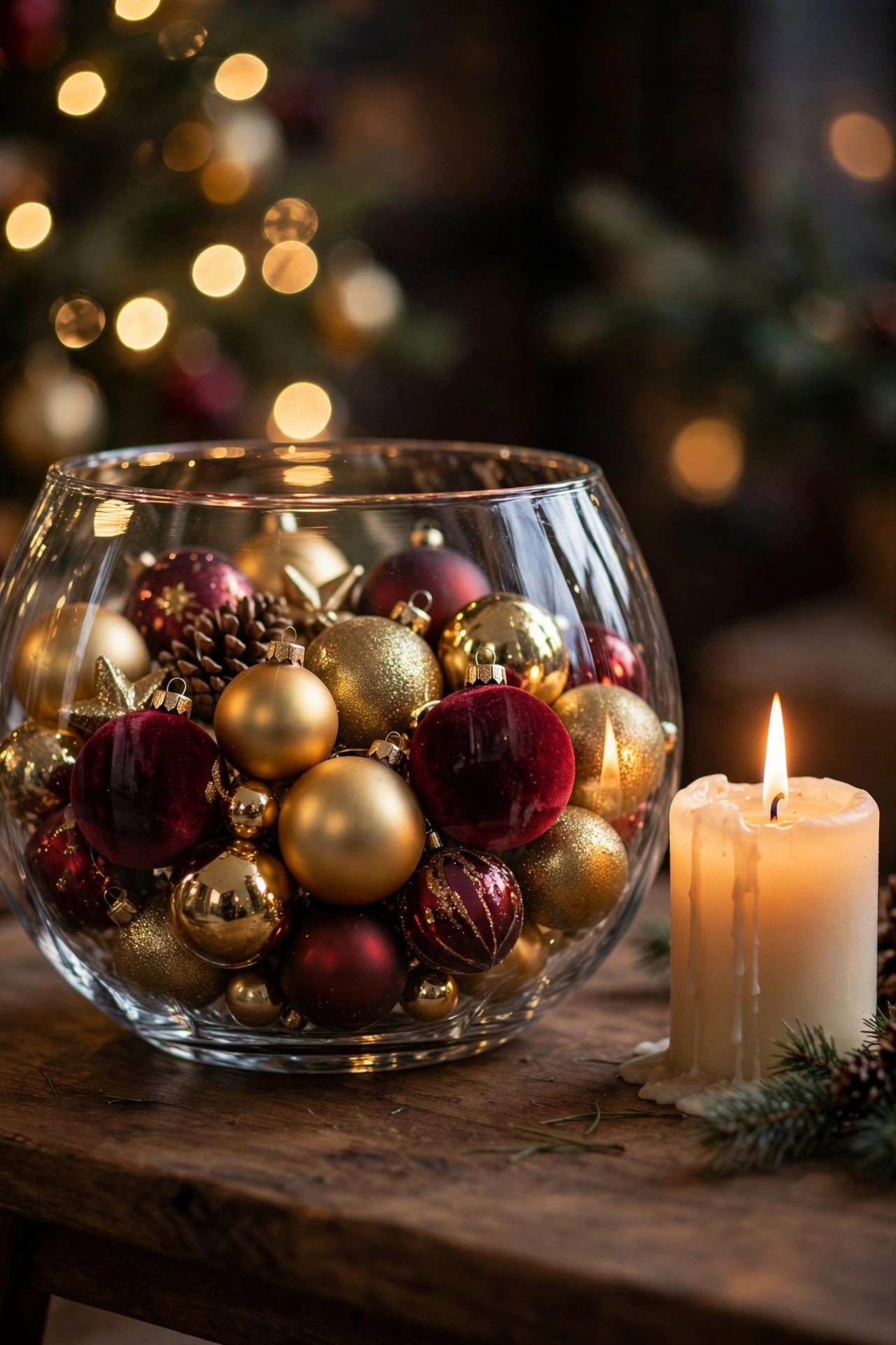 Glass bowl of gold and burgundy ornaments on the coffee table