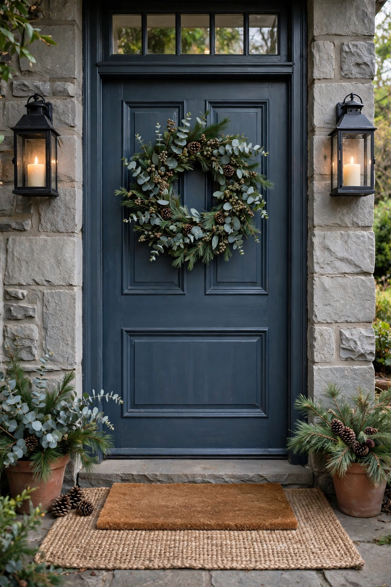 Festive entryway with a eucalyptus wreath, lanterns, and layered doormats