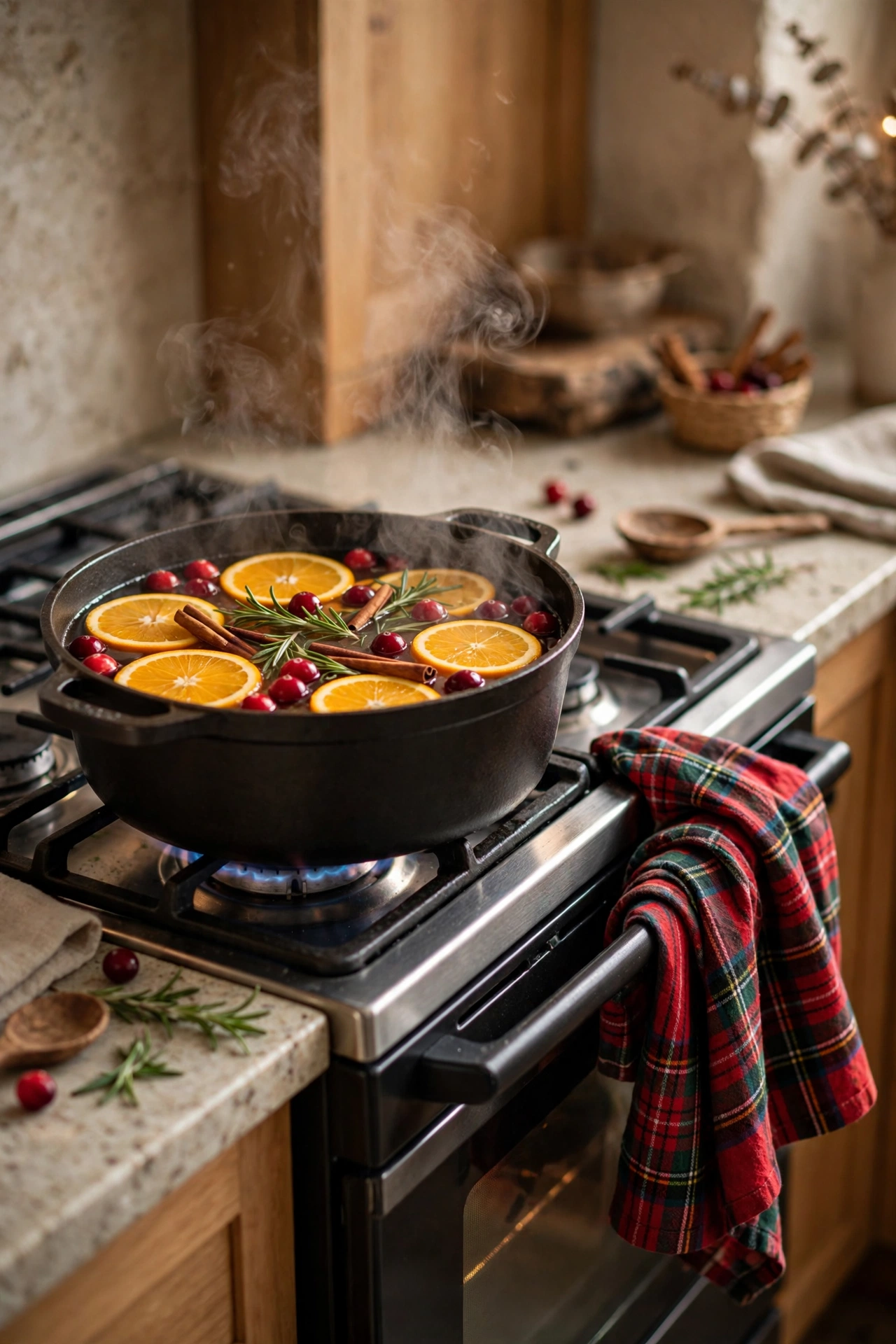 A stovetop simmer pot with oranges, cranberries, cinnamon and rosemary, with a festive tea towel nearby.