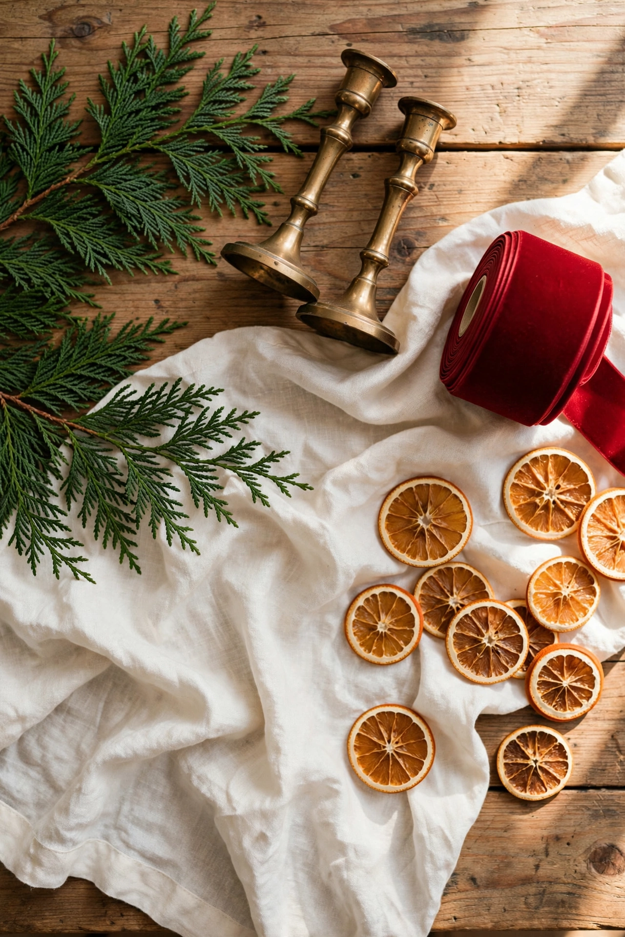 A three-colour December palette: cedar, brass, cherry-red ribbon, ivory linen and dried oranges.