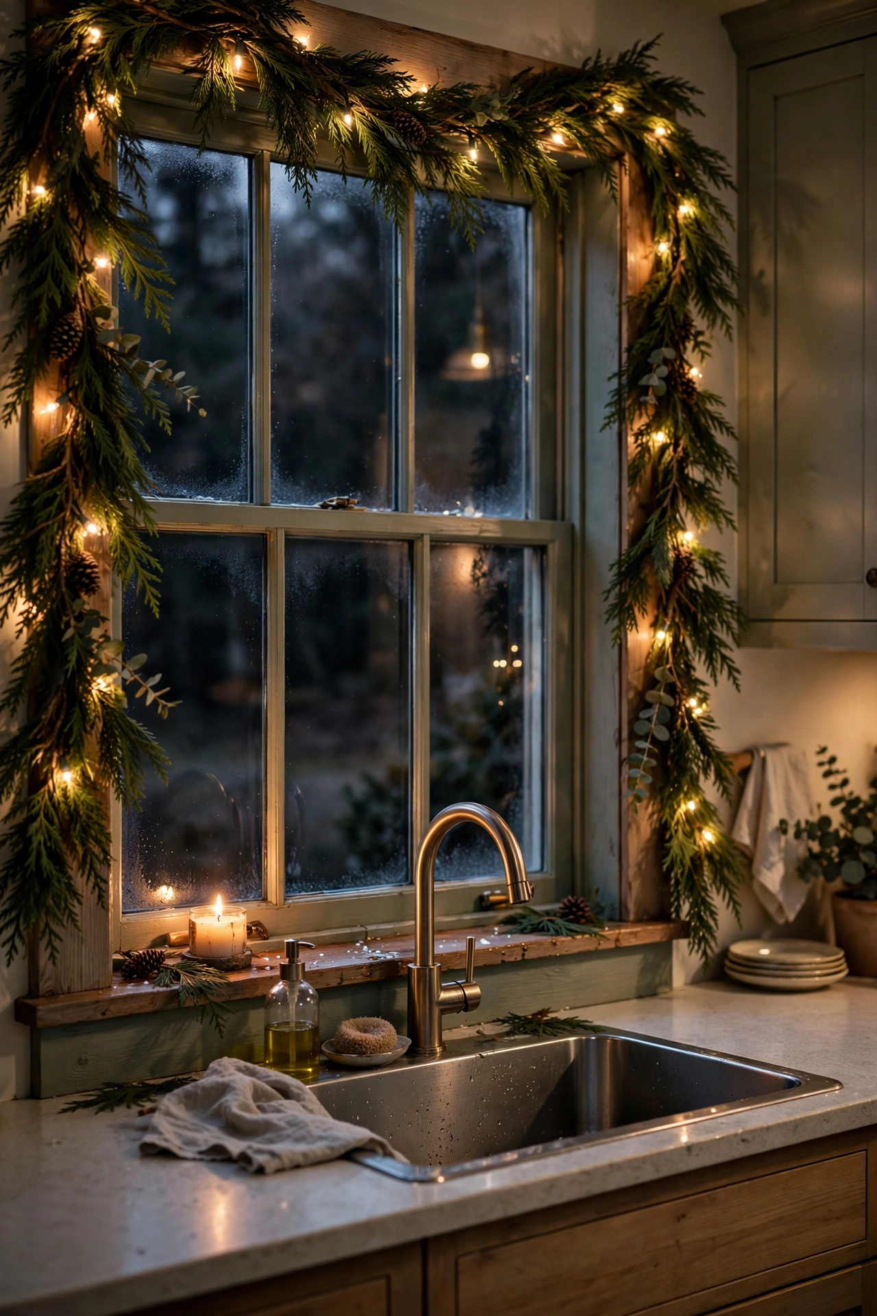 The kitchen window dressed with cedar garland and warm fairy lights at dusk.