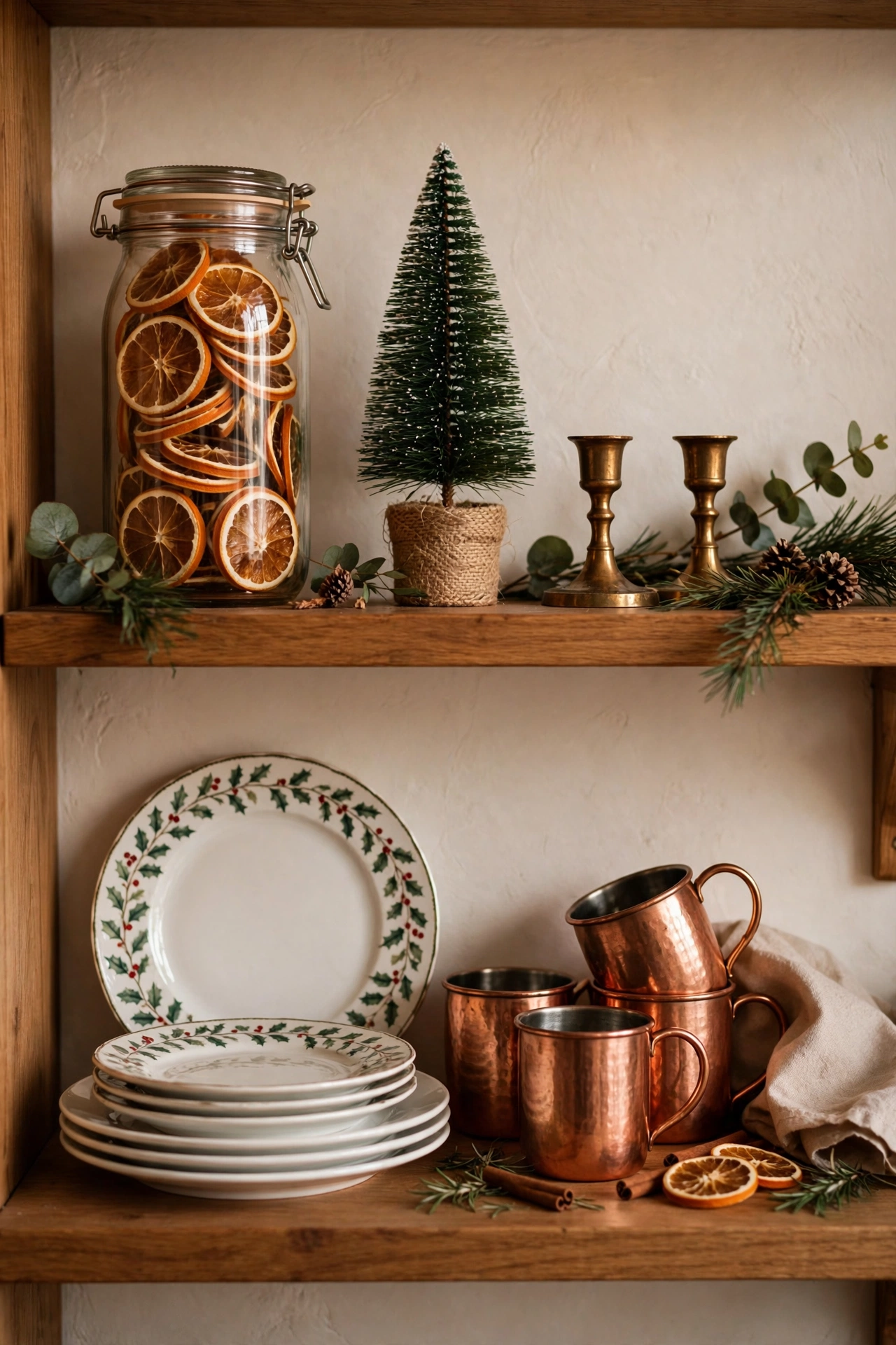 Open kitchen shelves styled for December with plates, candlesticks and jars of dried oranges.