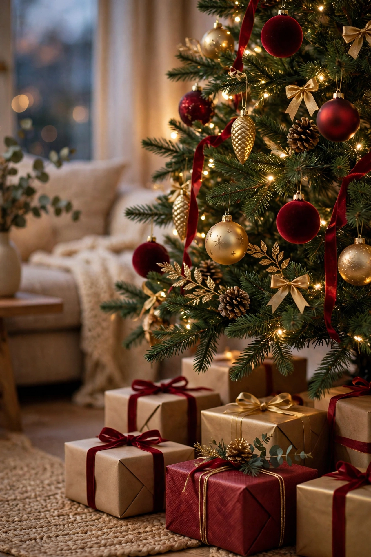 A decorated Christmas tree in a living room corner with warm white lights