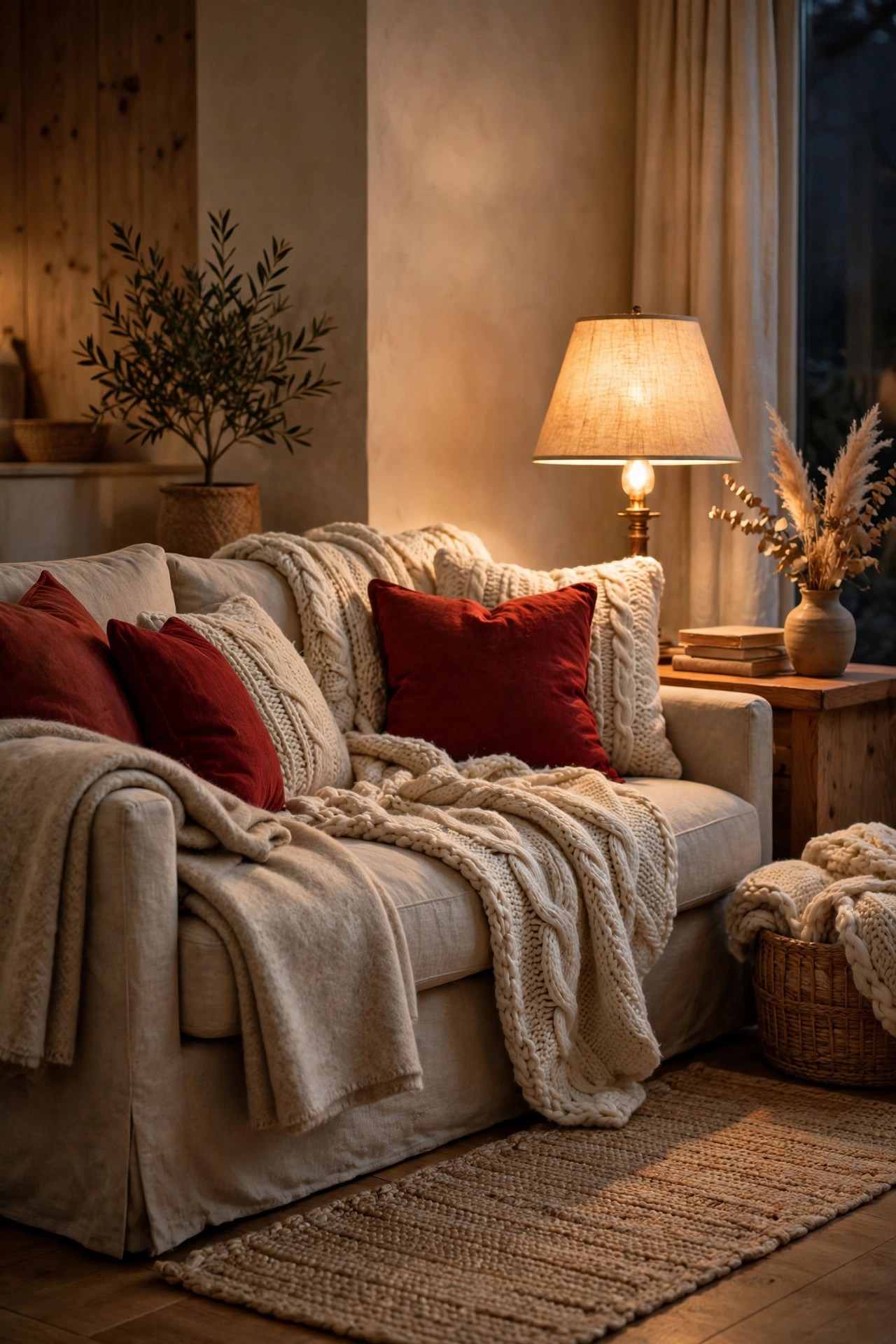 A cosy sofa layered with chunky knit throws and deep red cushions