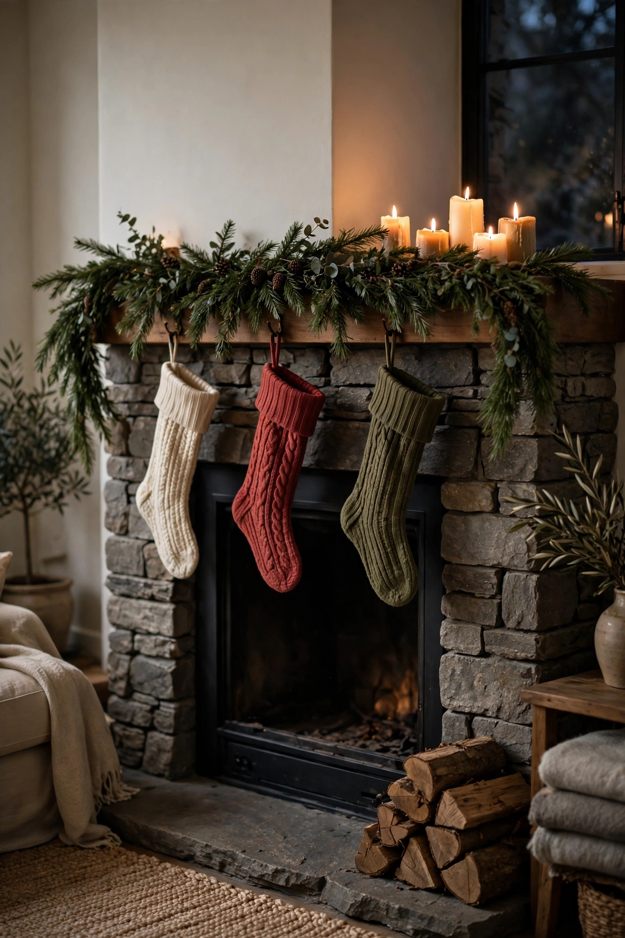 A fireplace mantel with a fresh evergreen garland and glowing candles