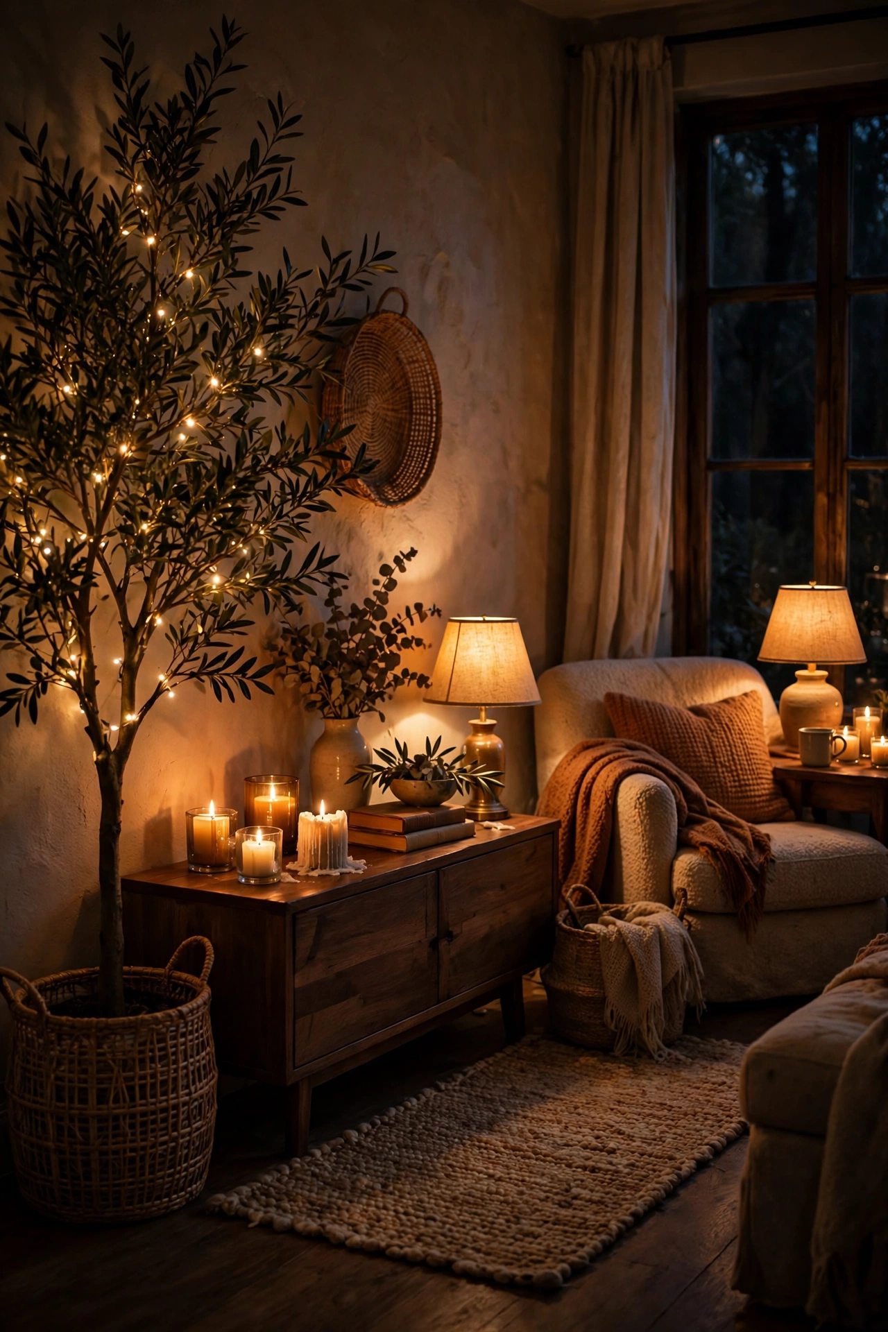 A living room lit by lamps, tree lights and candles in the evening