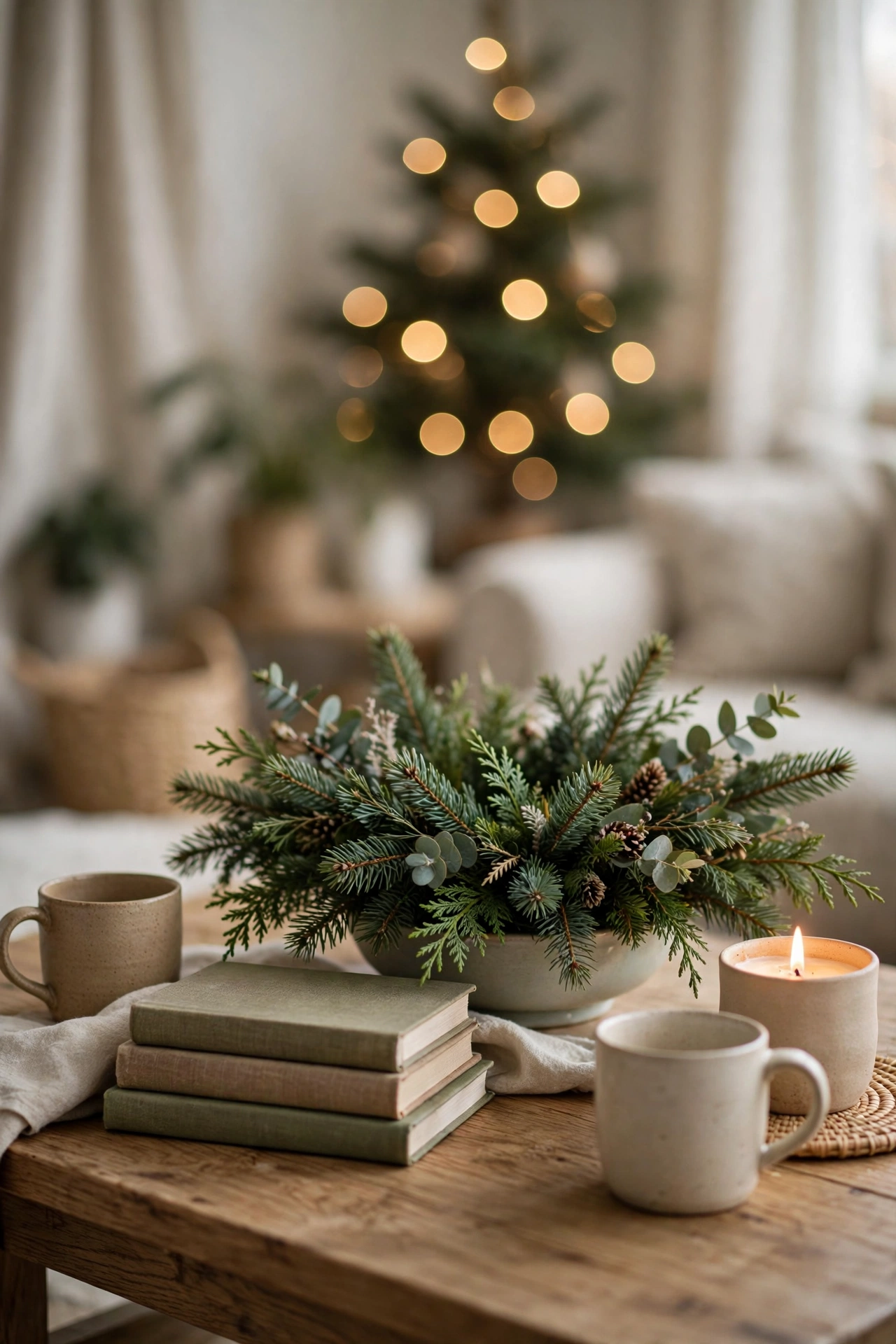 A styled coffee table with a low evergreen arrangement and a candle