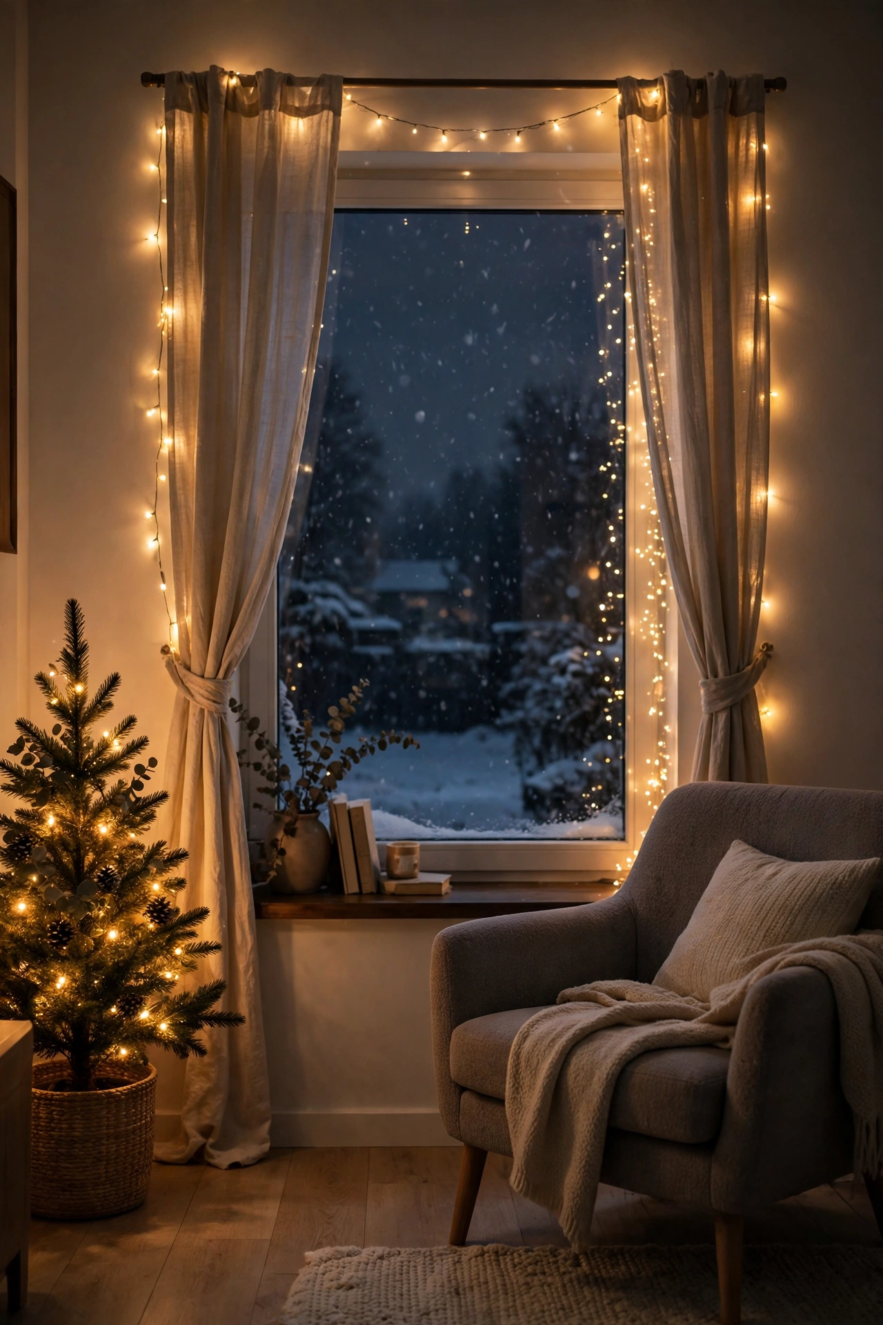 A living room window dressed with warm fairy lights at night